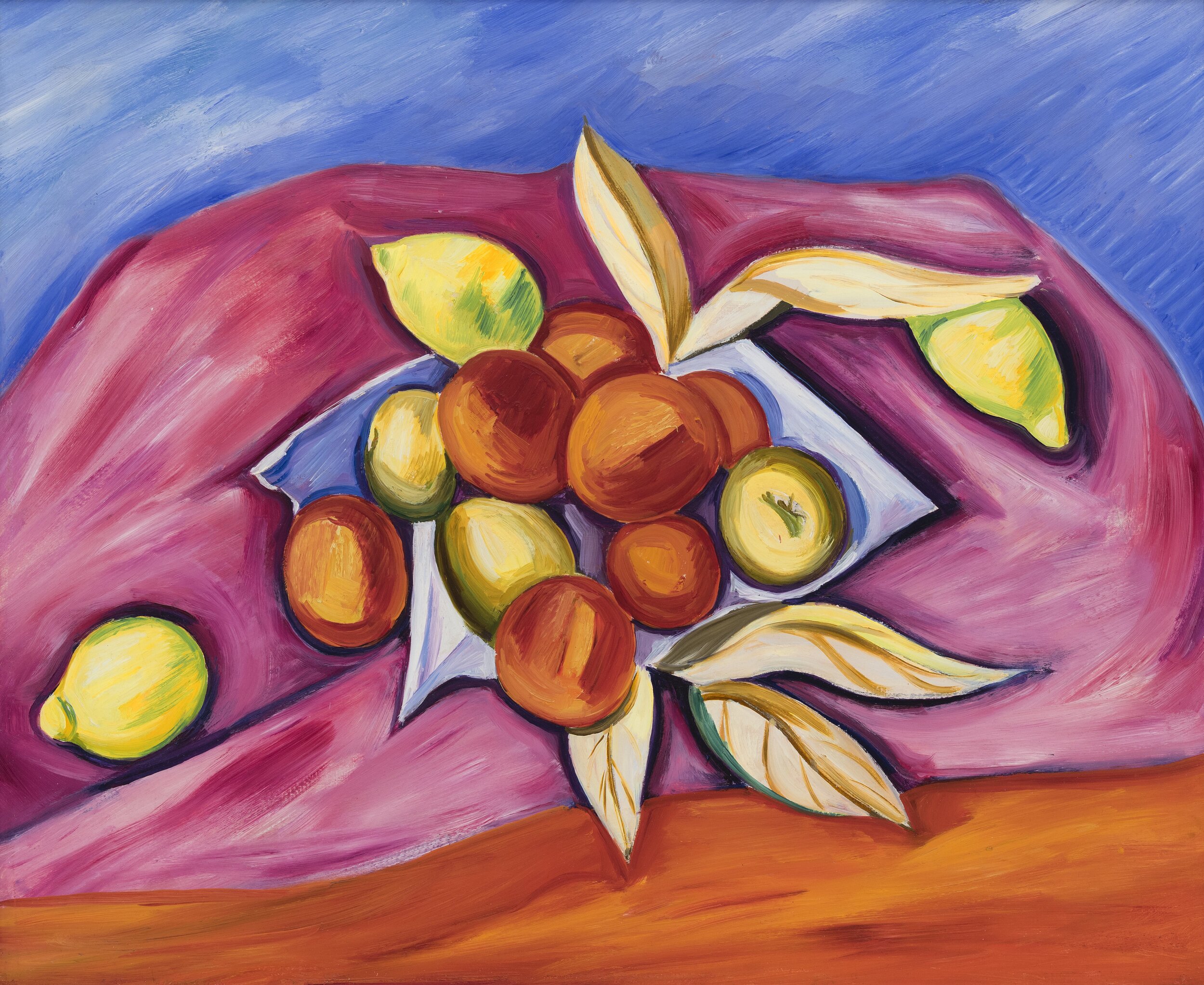 Still life with lemons and oranges on a pink cloth with orange and blue