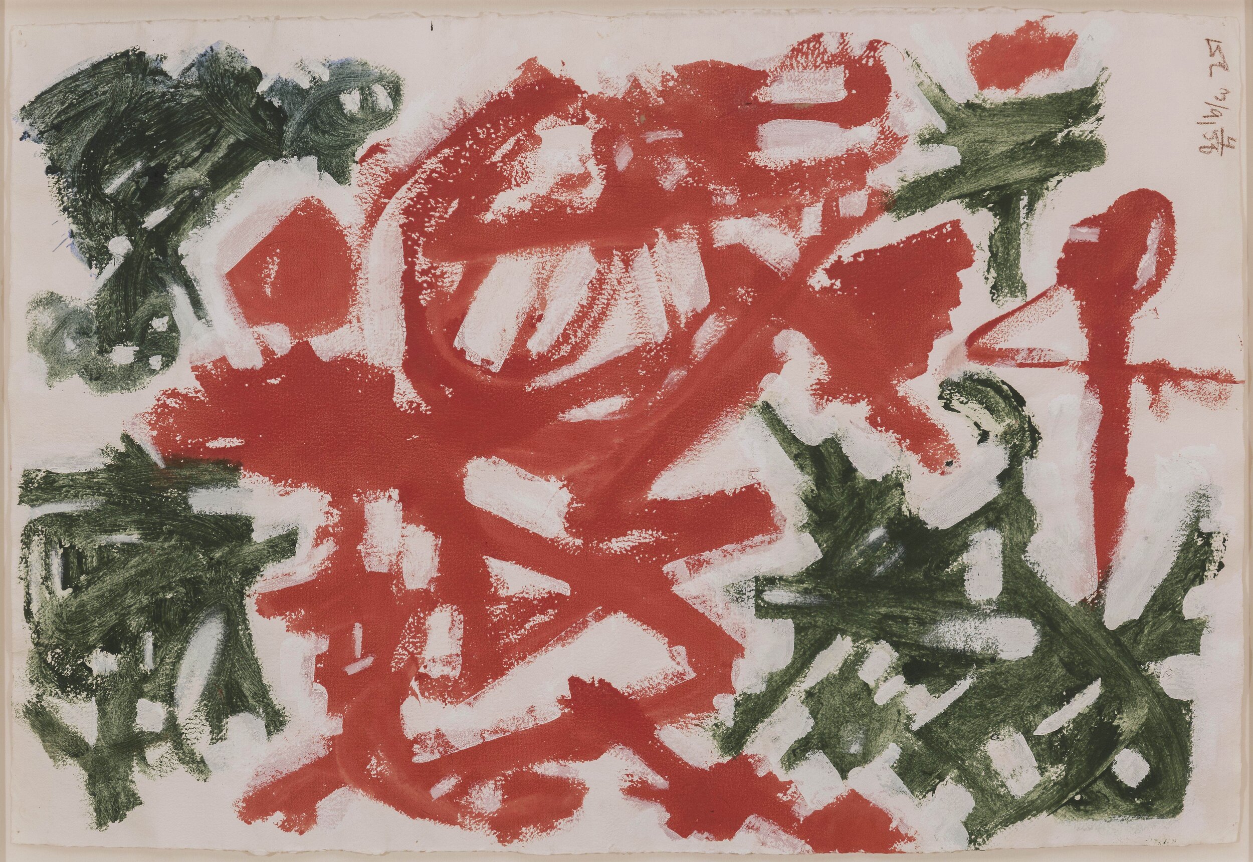 Abstract painting with red in the center and green in the corners