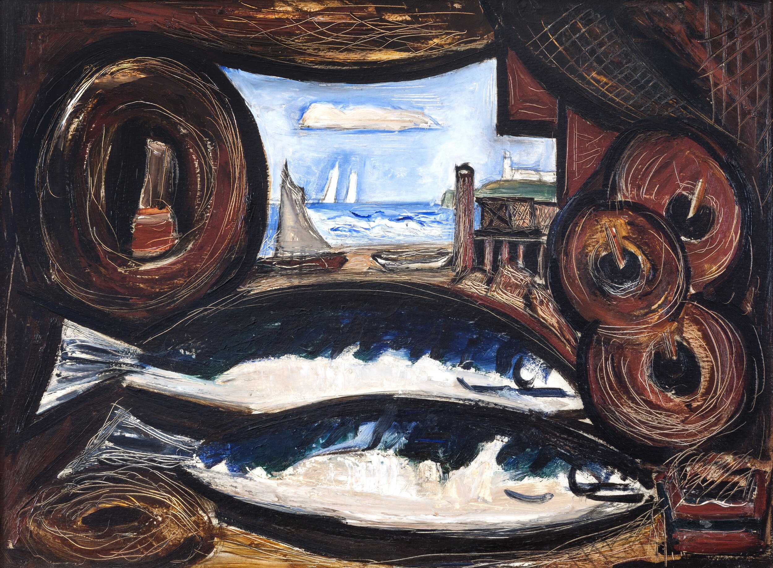 Painting of two fish inside a wooden interior with a window to a seascape with sailboats