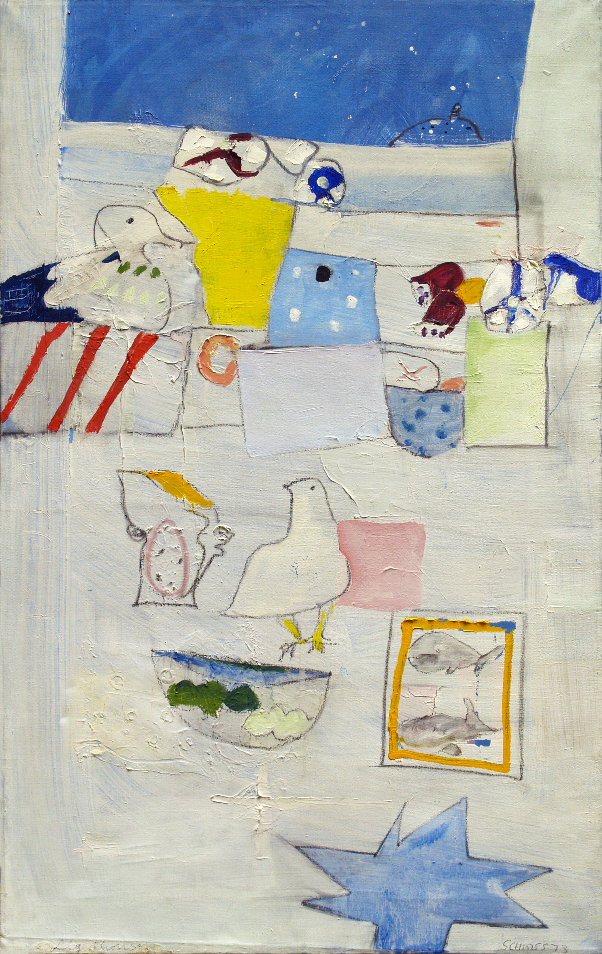 Abstract blue and white interior with two birds, a light green vase with flowers, several bowls, and a rectangle with two whales
