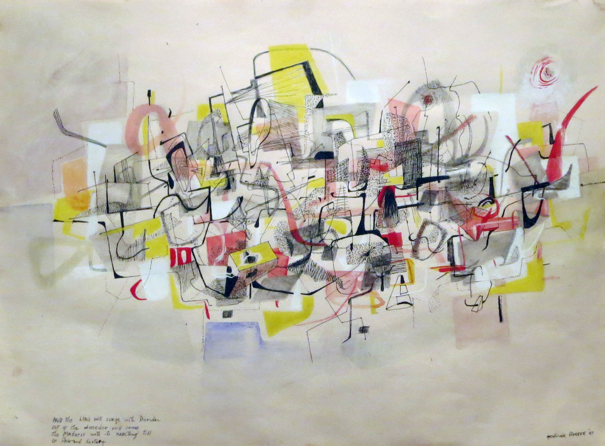 Abstract drawing of black, red, yellow, and white intertwining lines and shapes