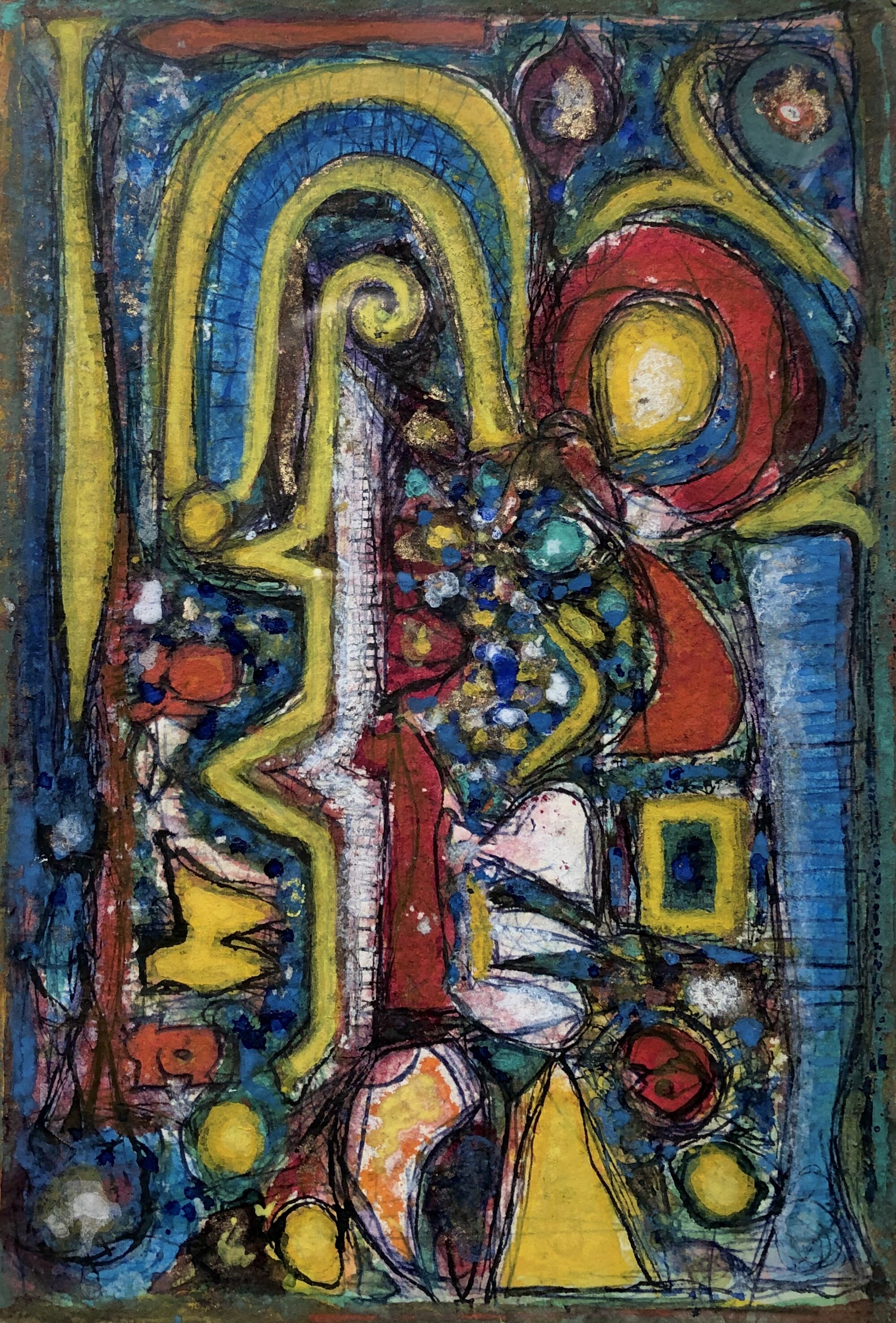 Abstract gouache layered with ink of geometric shapes and curves with dots of color in yellow, blue, red, and white