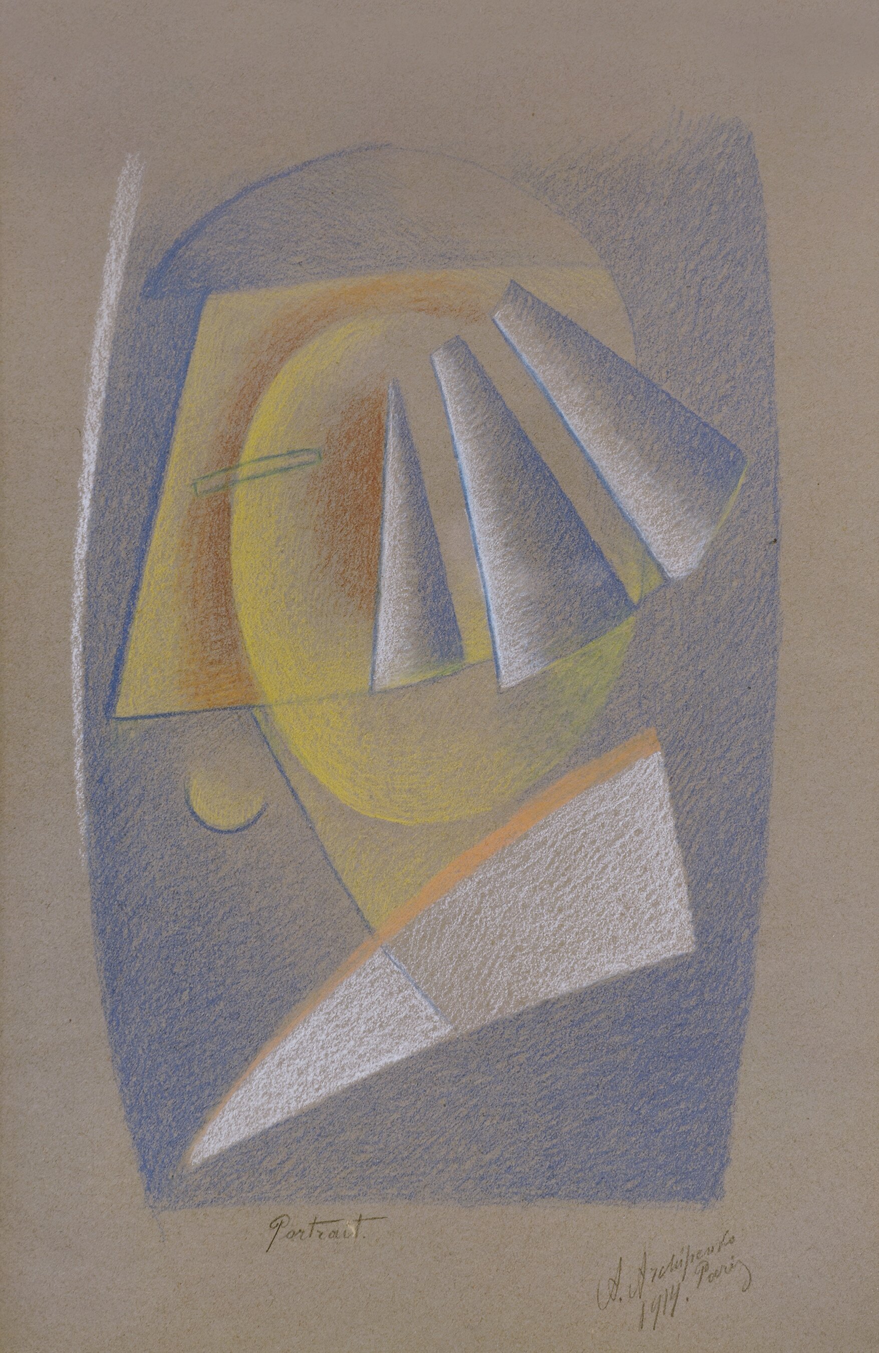 Geometric abstract side bust in blue and yellow with orange and white highlights