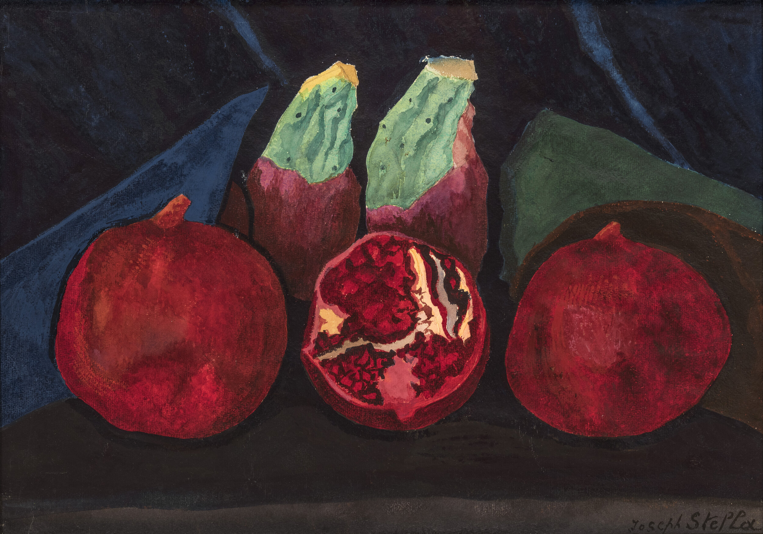 Still life with pomegranate and other tropical fruit on a background of dark earth colors