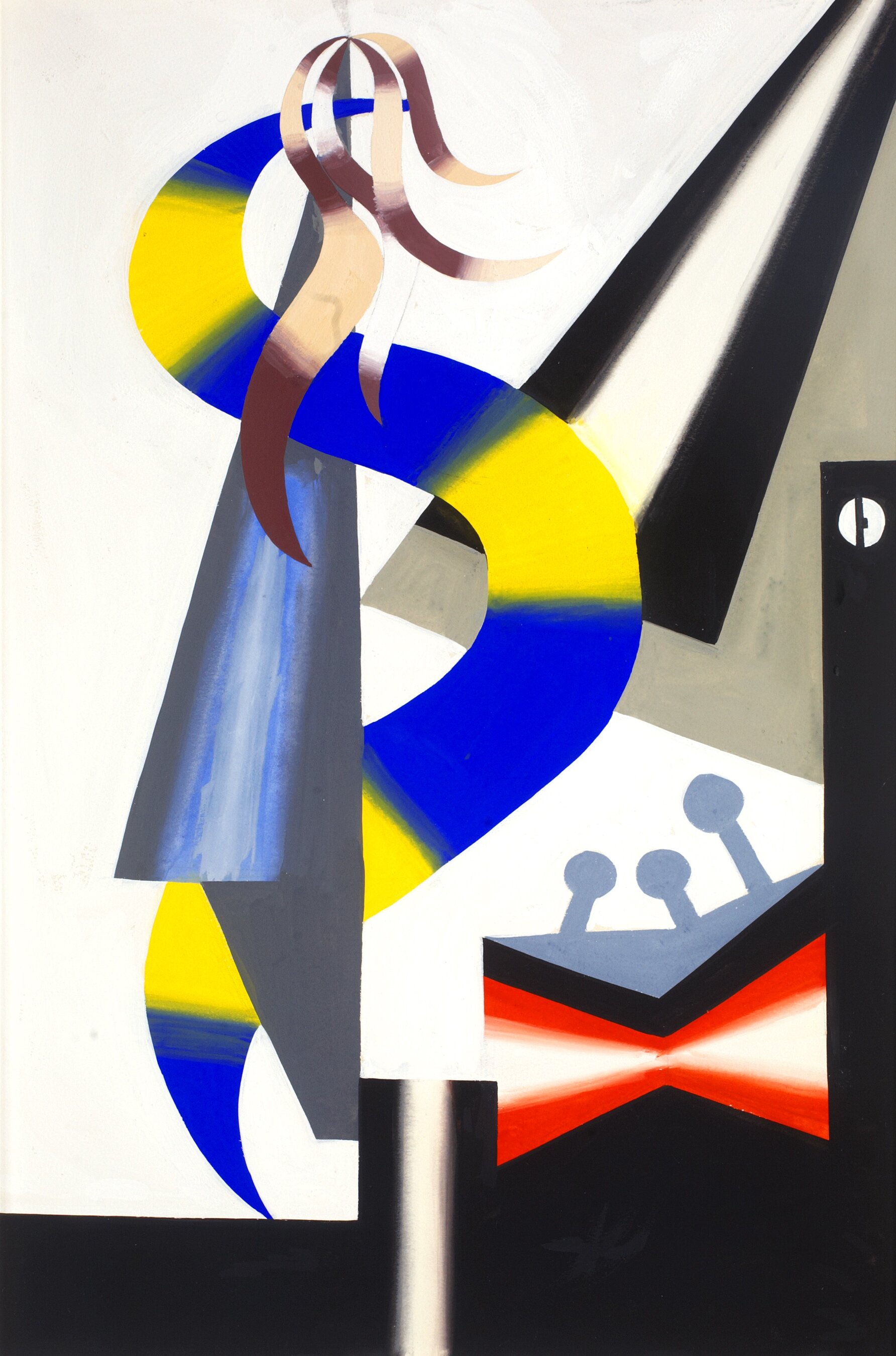 Abstract gouache with conical and ribbon-like shapes in black, white, blue, red, and brown