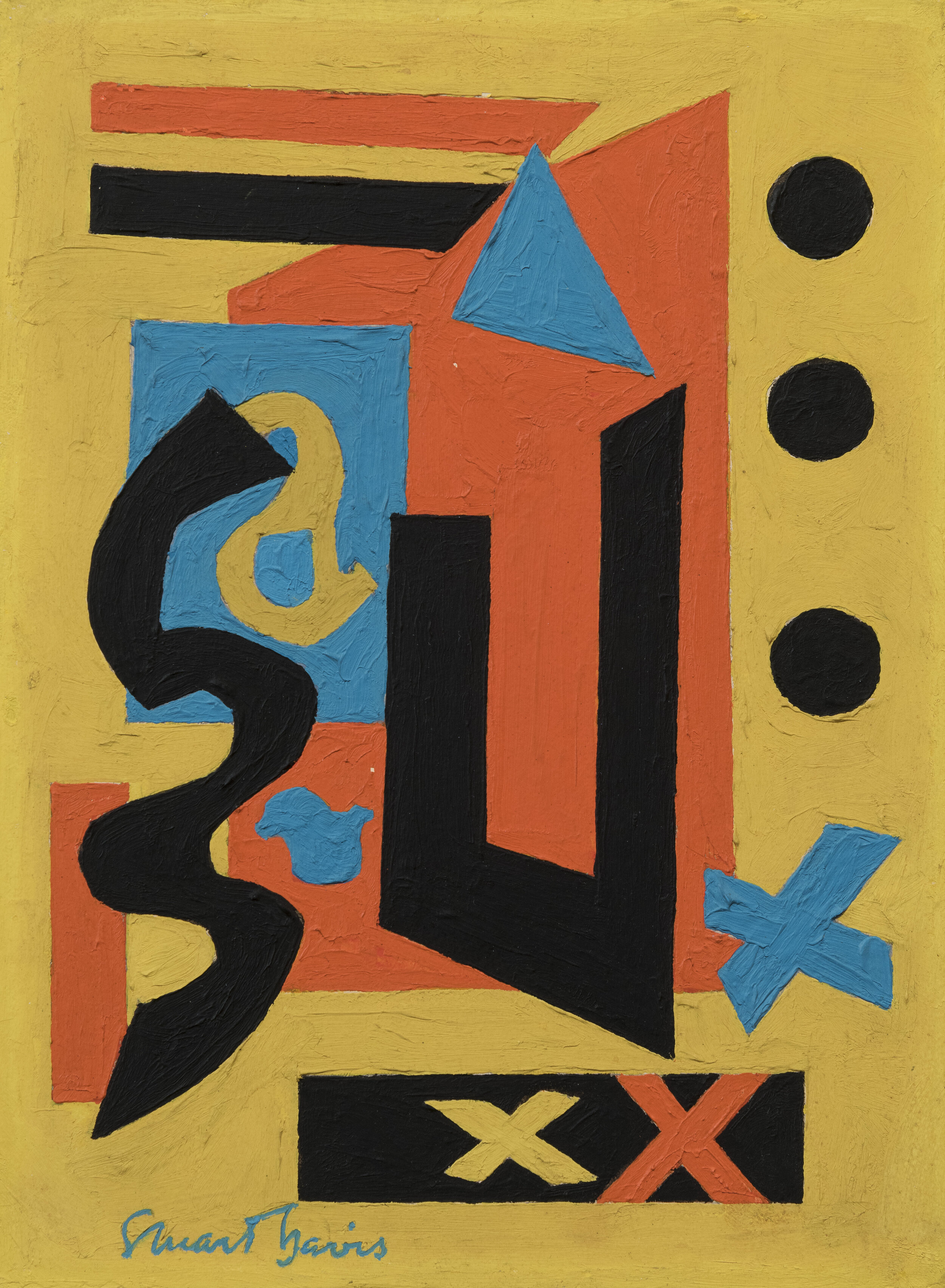 Abstract painting on yellow background  with orange, blue, and black shapes and symbols