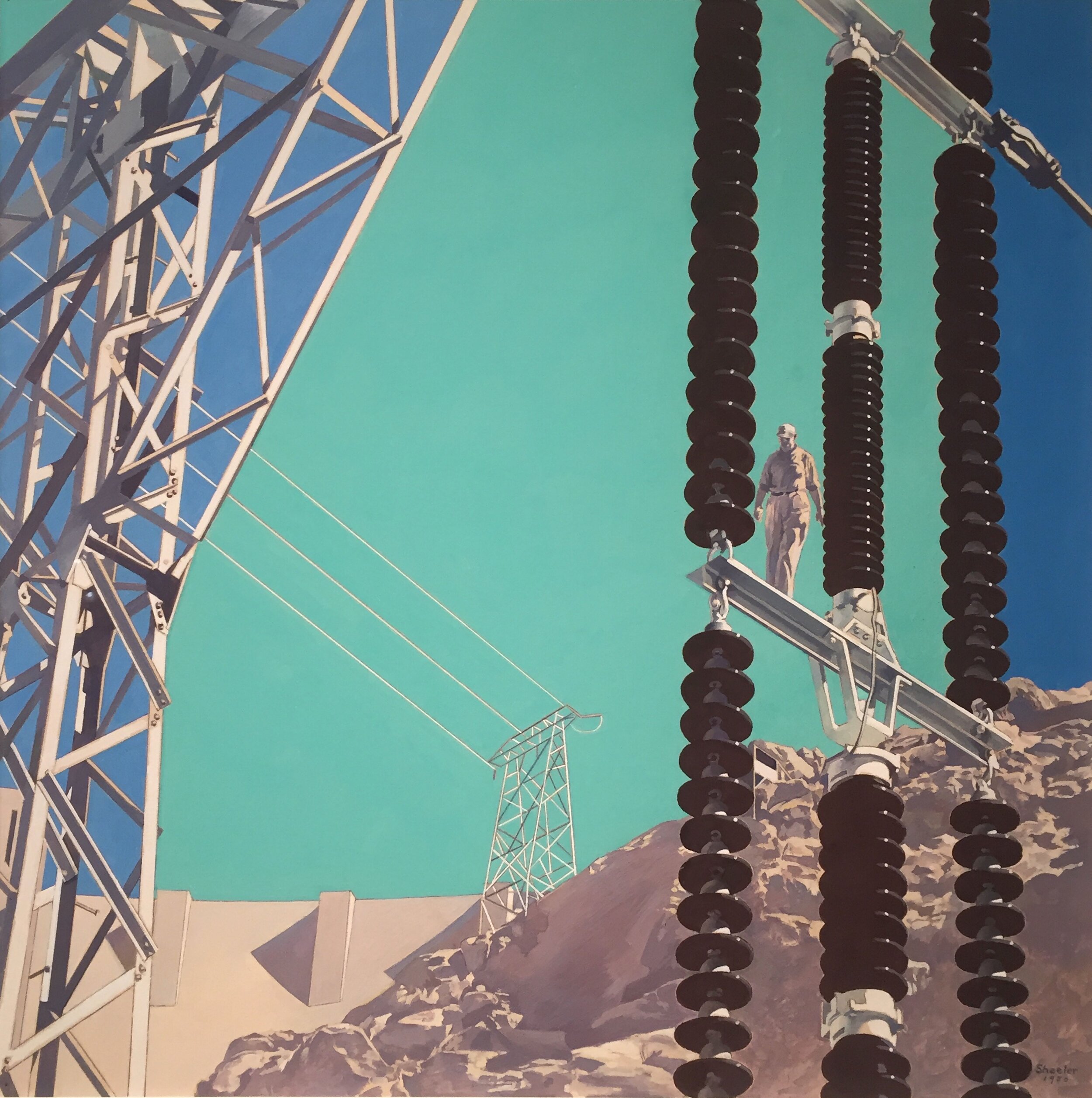 Painting of Hoover Dam with man and sky of three different blues