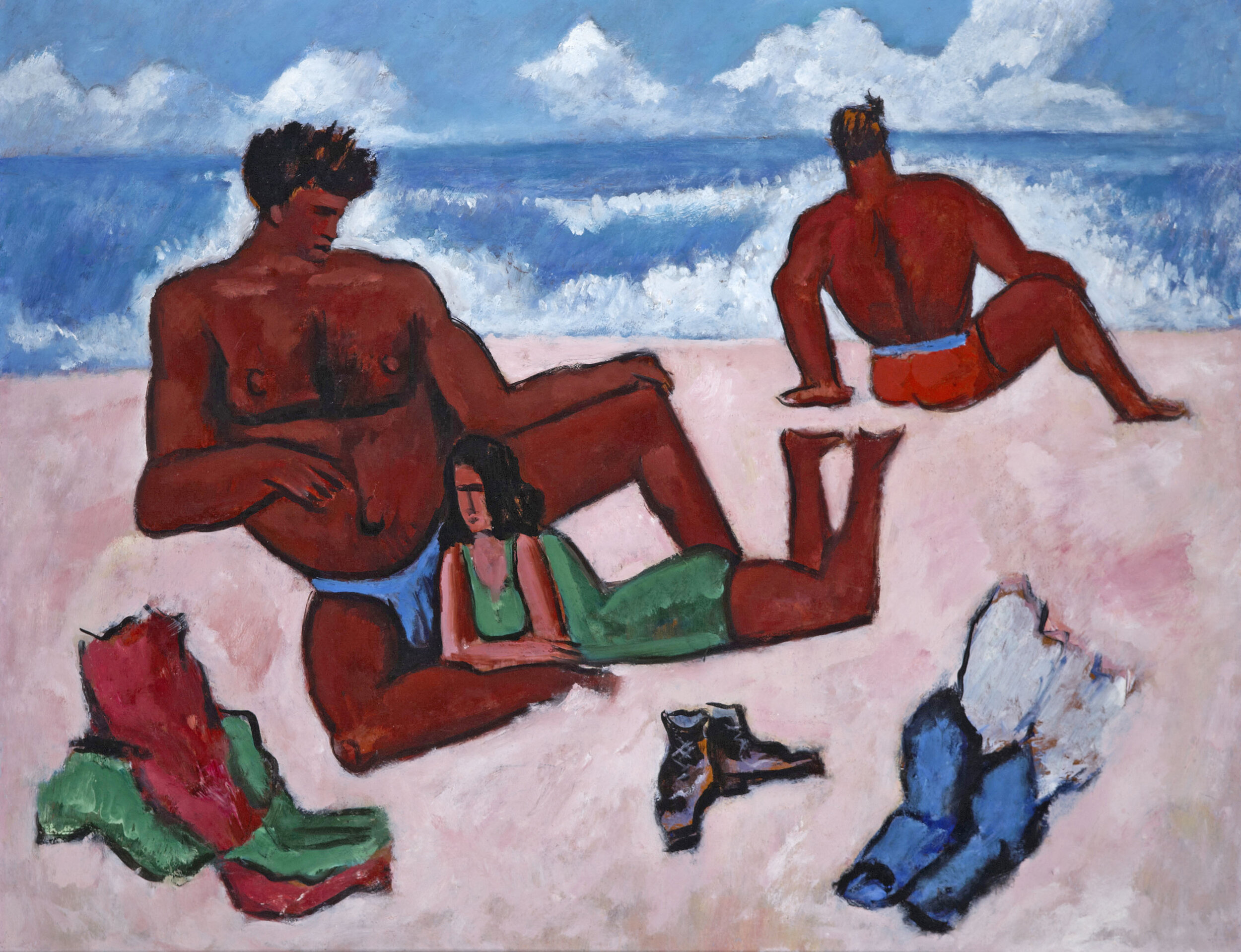 Painting of two athletic men and a small woman sitting on a pink beach while the sky blue waves crash behind them