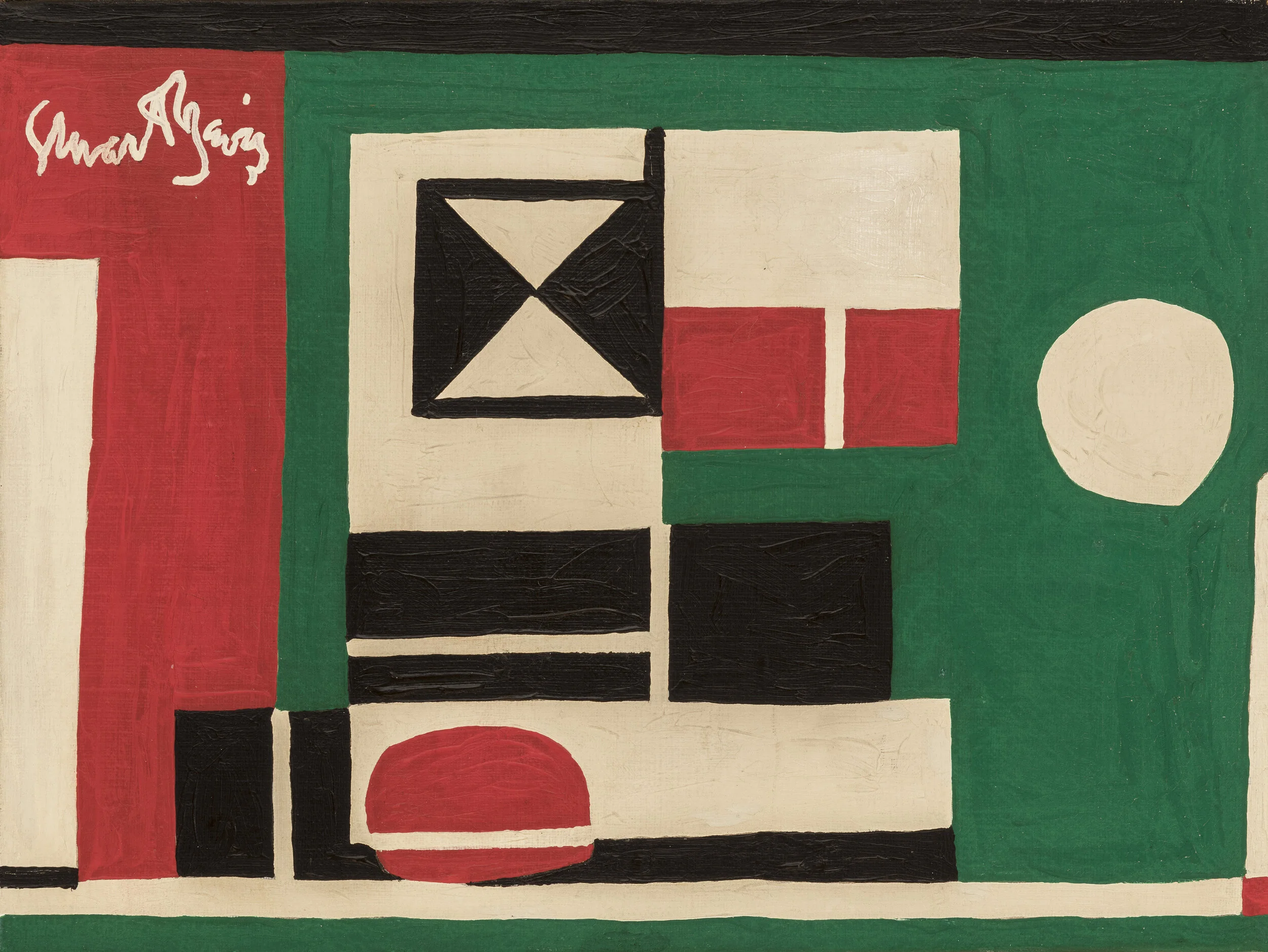 Abstract painting with green, red, black, and white geometric planes