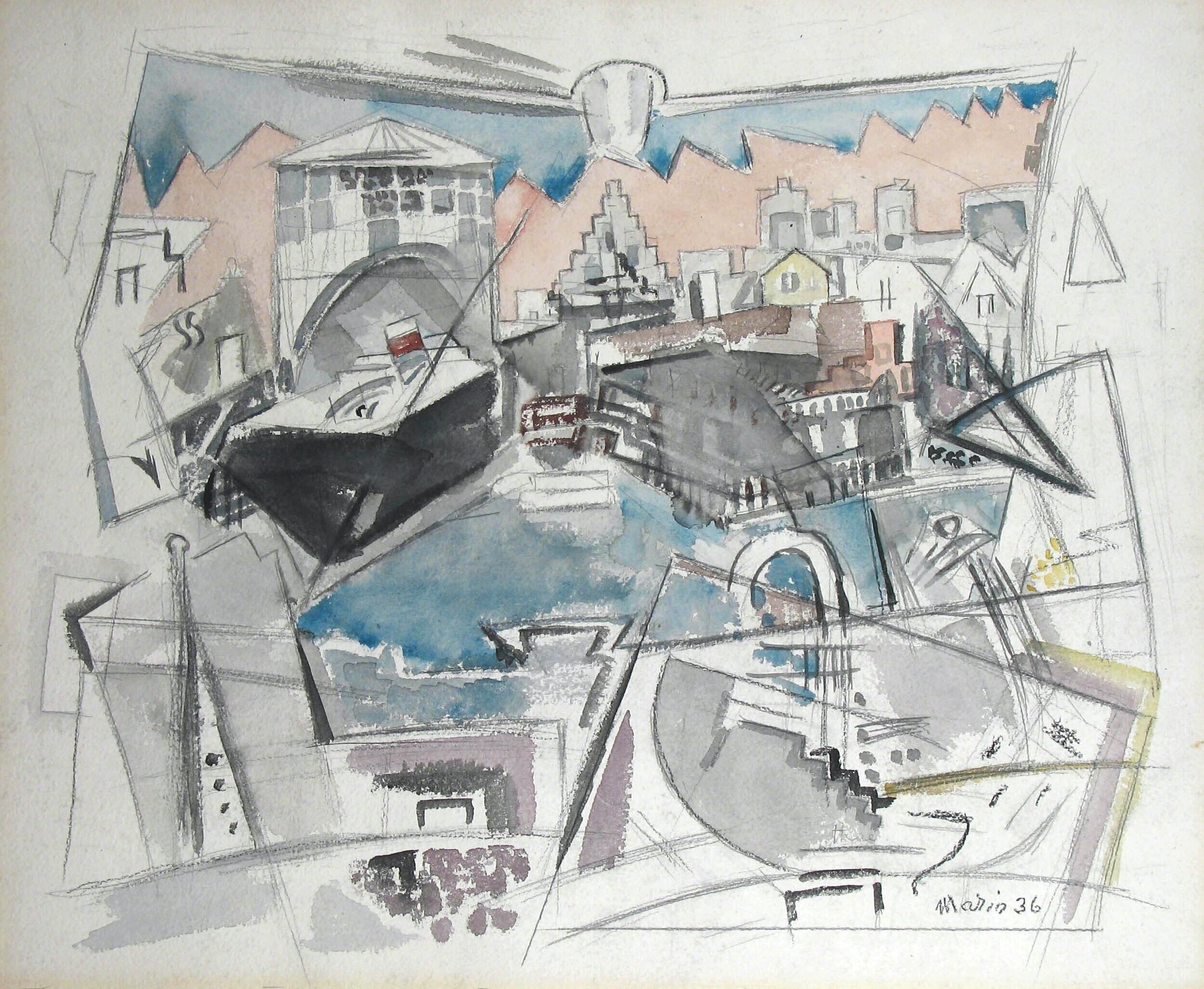 Abstract watercolor in blue, grey, and pink of Manhattan waterfront with buildings and ship