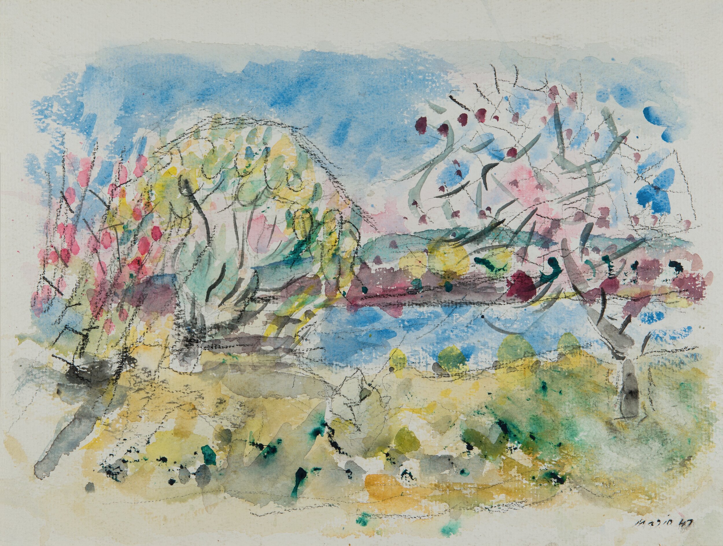 Watercolor of trees with pink blooms by the riverside on a blue-sky spring day