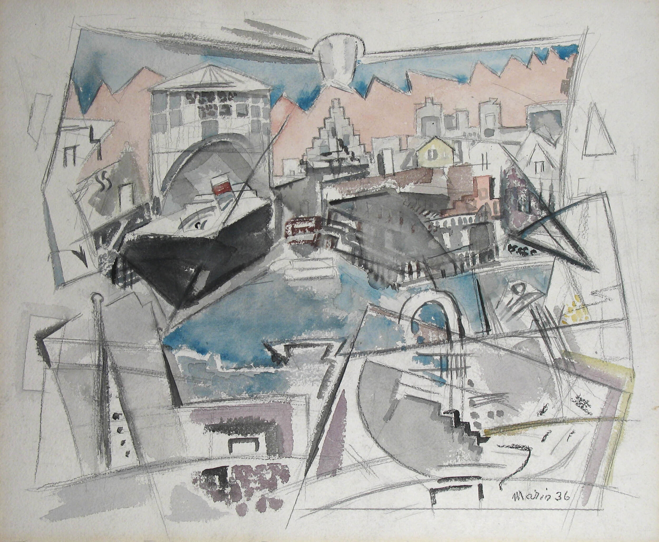 Telling Stories: # Edith Halpert &amp; Her Artists # October 9 - December 18, 2020 &lt;alt="Abstract watercolor in blue, grey, and pink of Manhattan waterfront with buildings and ship"&gt;