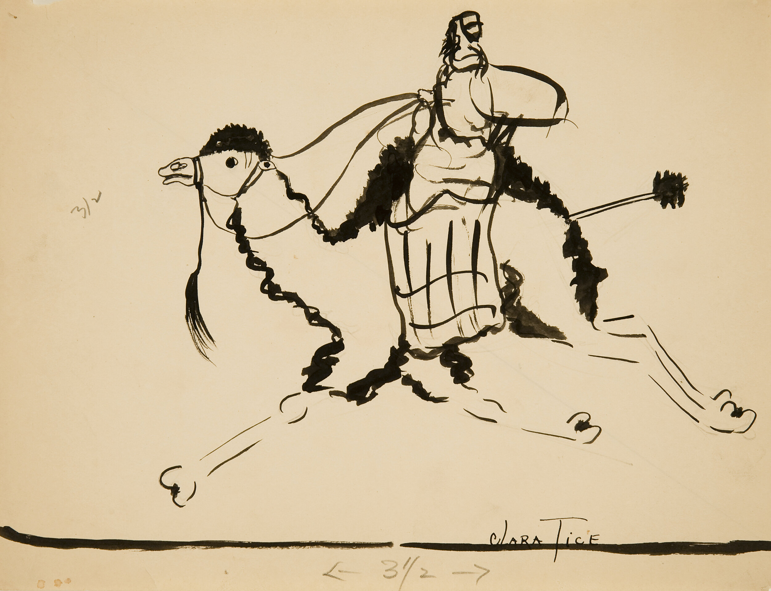 Black ink drawing of a person riding a galloping camel