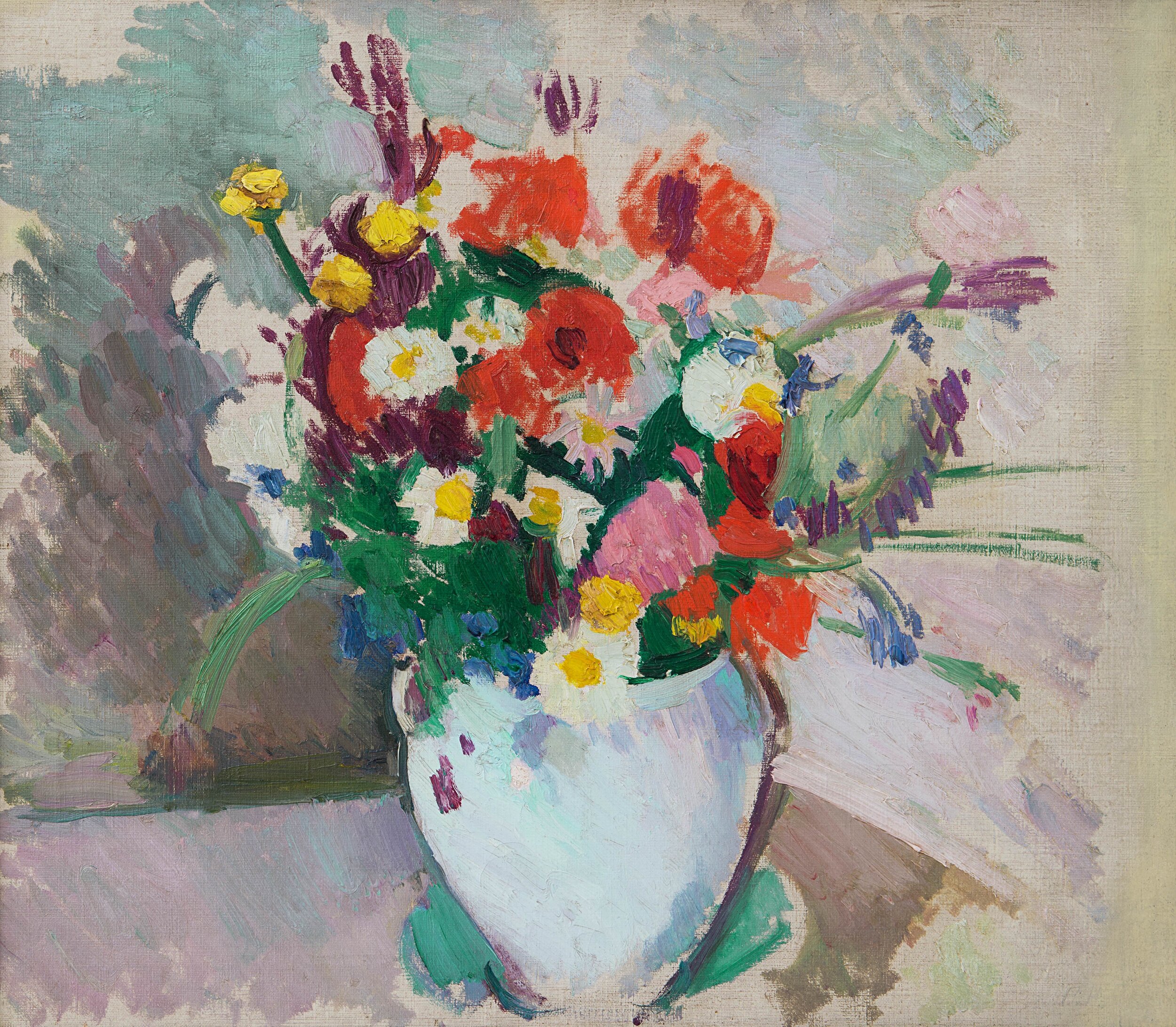 American Modernist Selections # Winter 2021 &lt;alt="Post-impressionistic still-life of a light blue vase with a bouquet of red-orange, white, pink, and purple flowers"&gt;