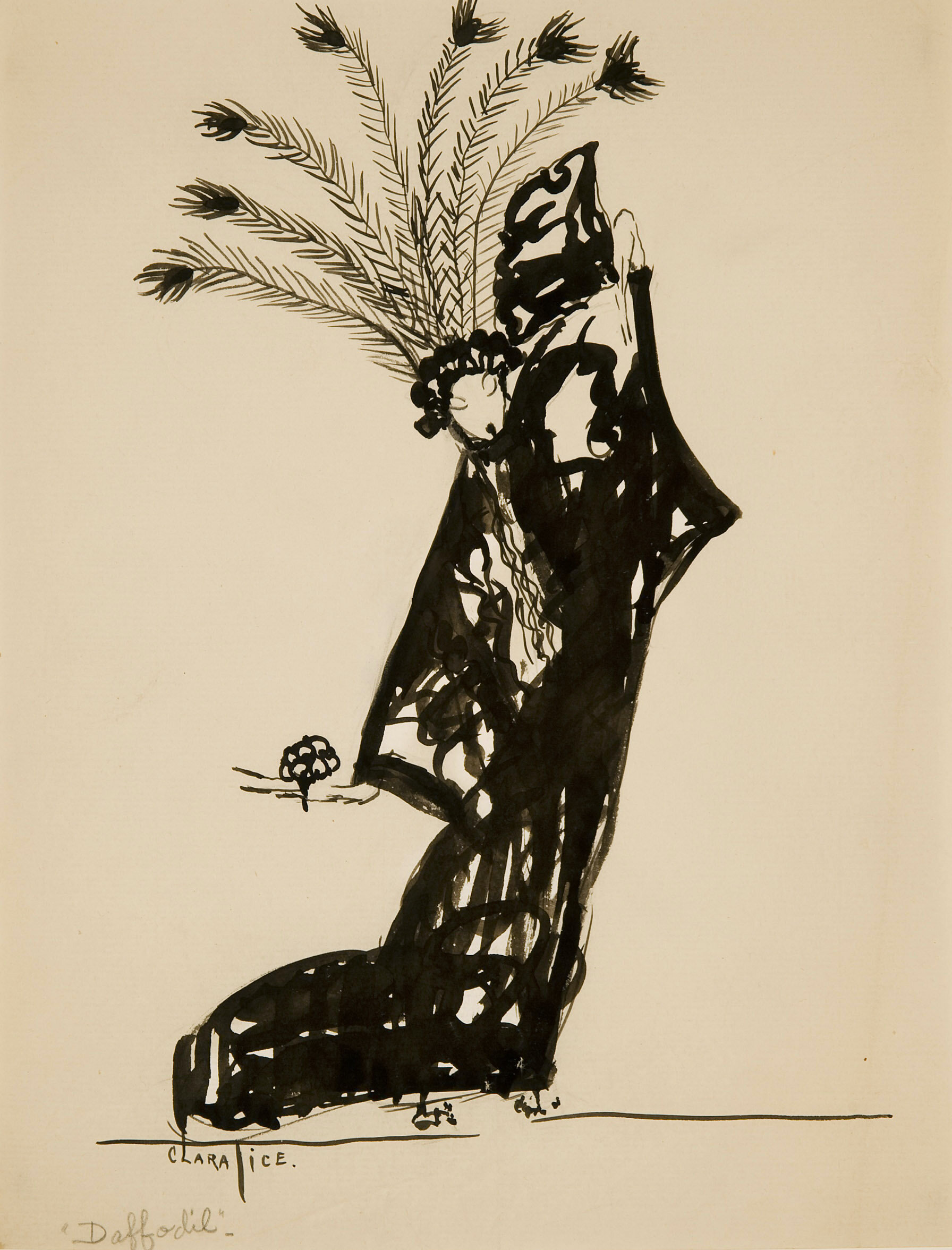 Ink drawing of an actor in costume with a feather headpiece, large ring, and fan