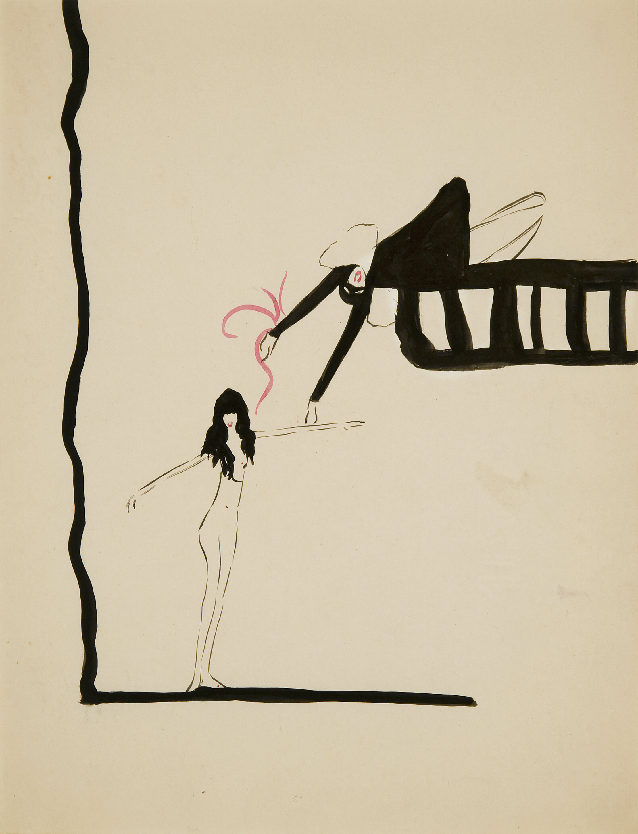 Ink drawing of harlequin holding a ribbon leaning over a balcony towards a nude woman