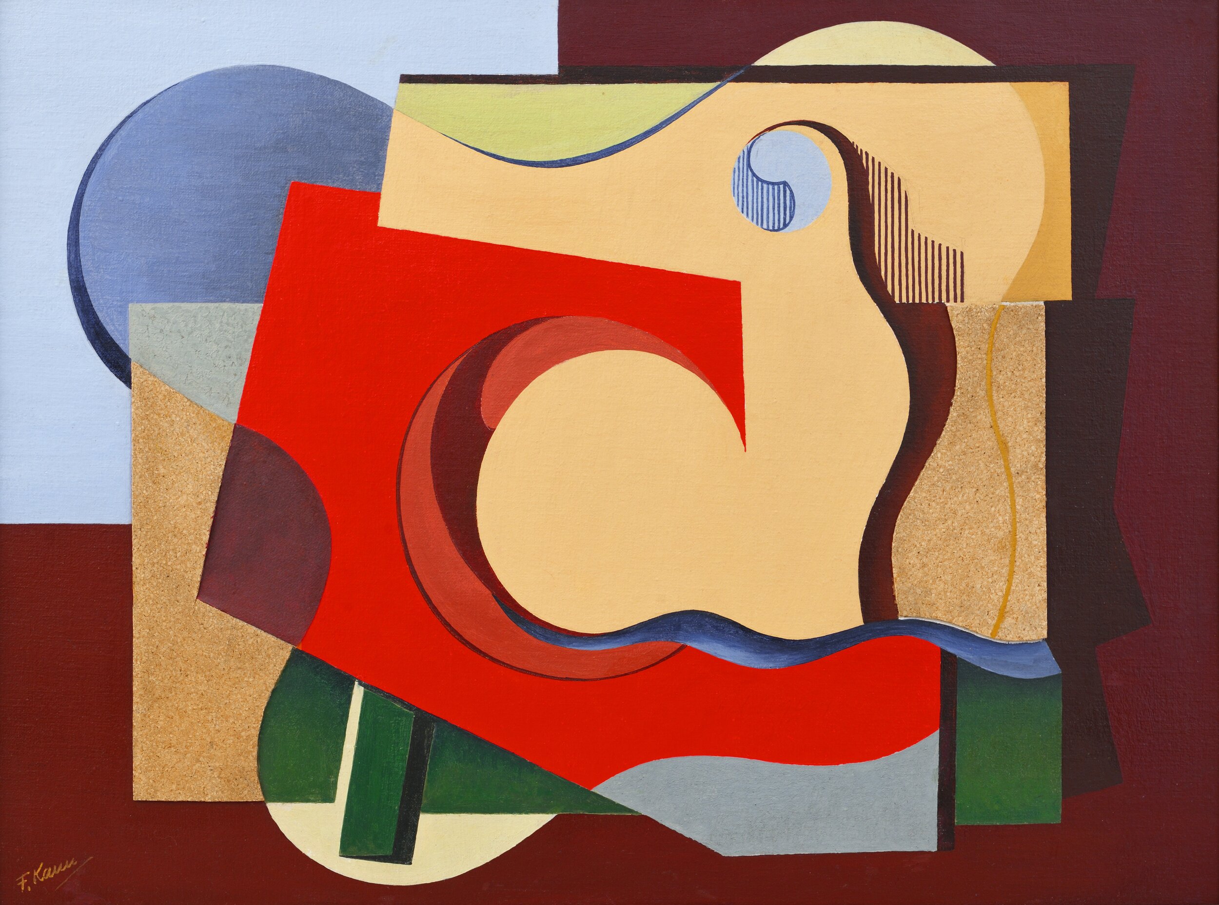 Material Biederman &lt;alt: Geometric abstract painting of different colored flat planes and cork relief in primarily yellow, red, blue, and brown &lt;/&gt;