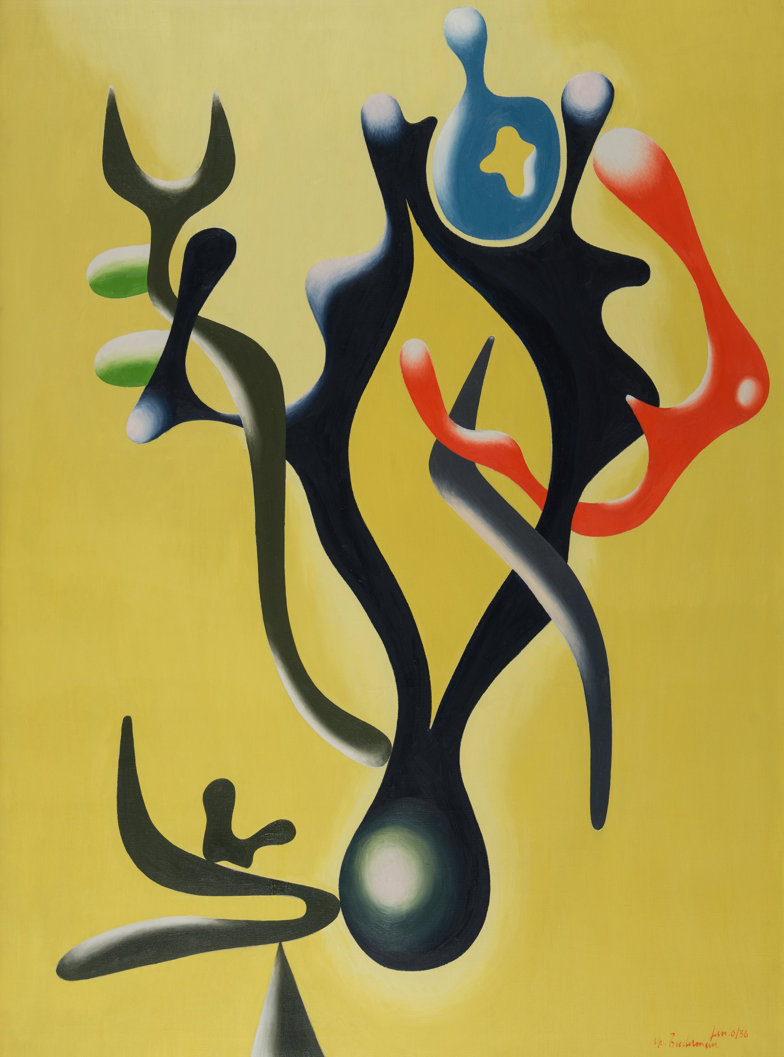 Biomorphic abstraction of rounded shapes in gray, blue, red, and green on a yellow background