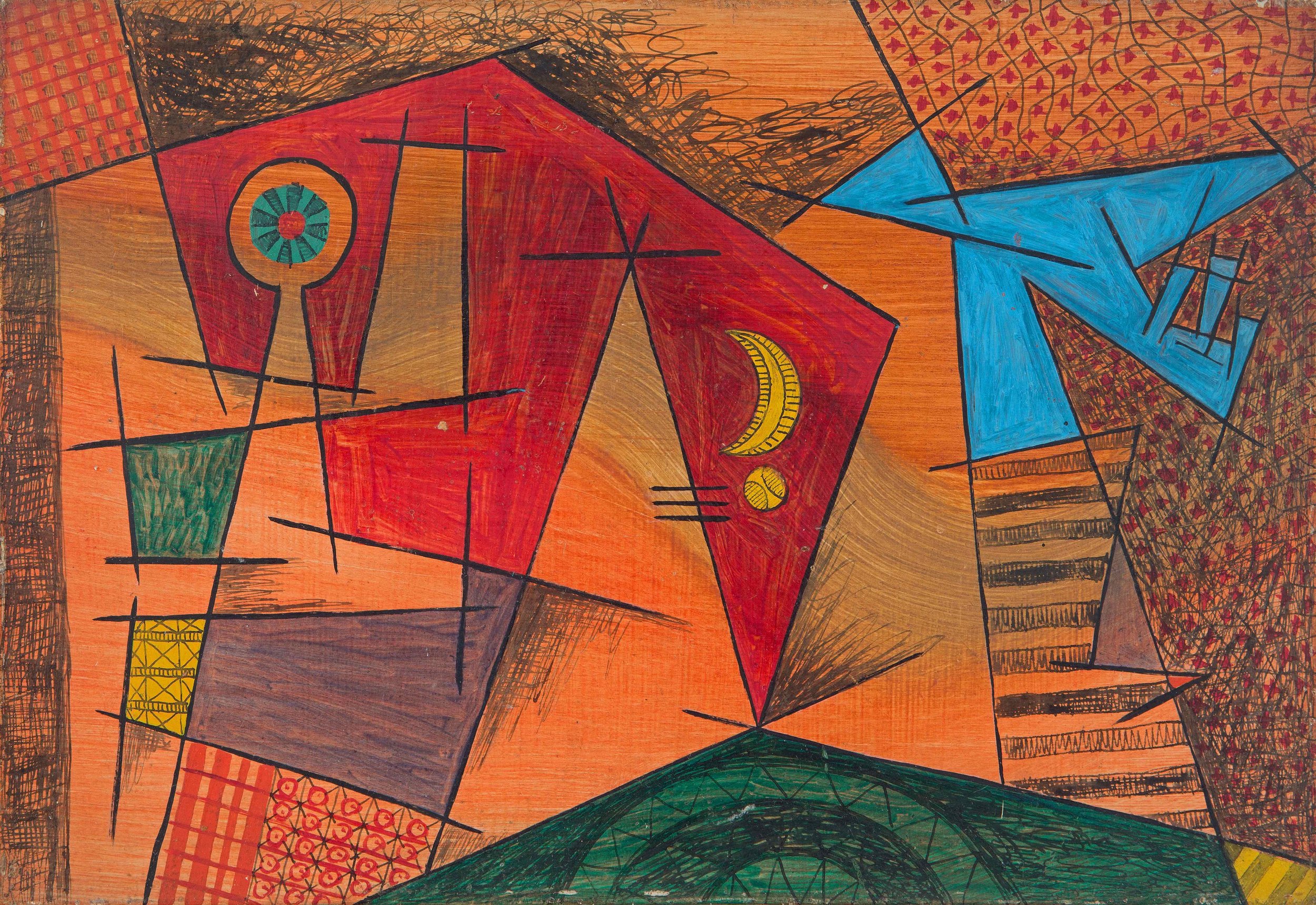 Abstract landscape with patterned and solid planes delineated with black lines in orange, red, green and blue.