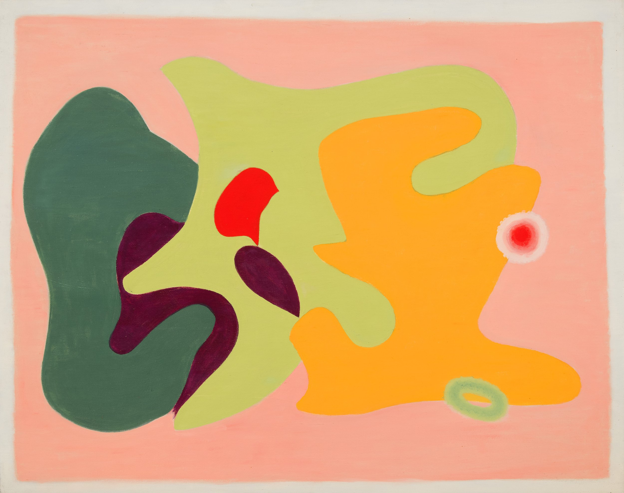 Flora Crockett &lt;alt: geometric abstract painting in peach, yellow, greens, and red&lt;/&gt;