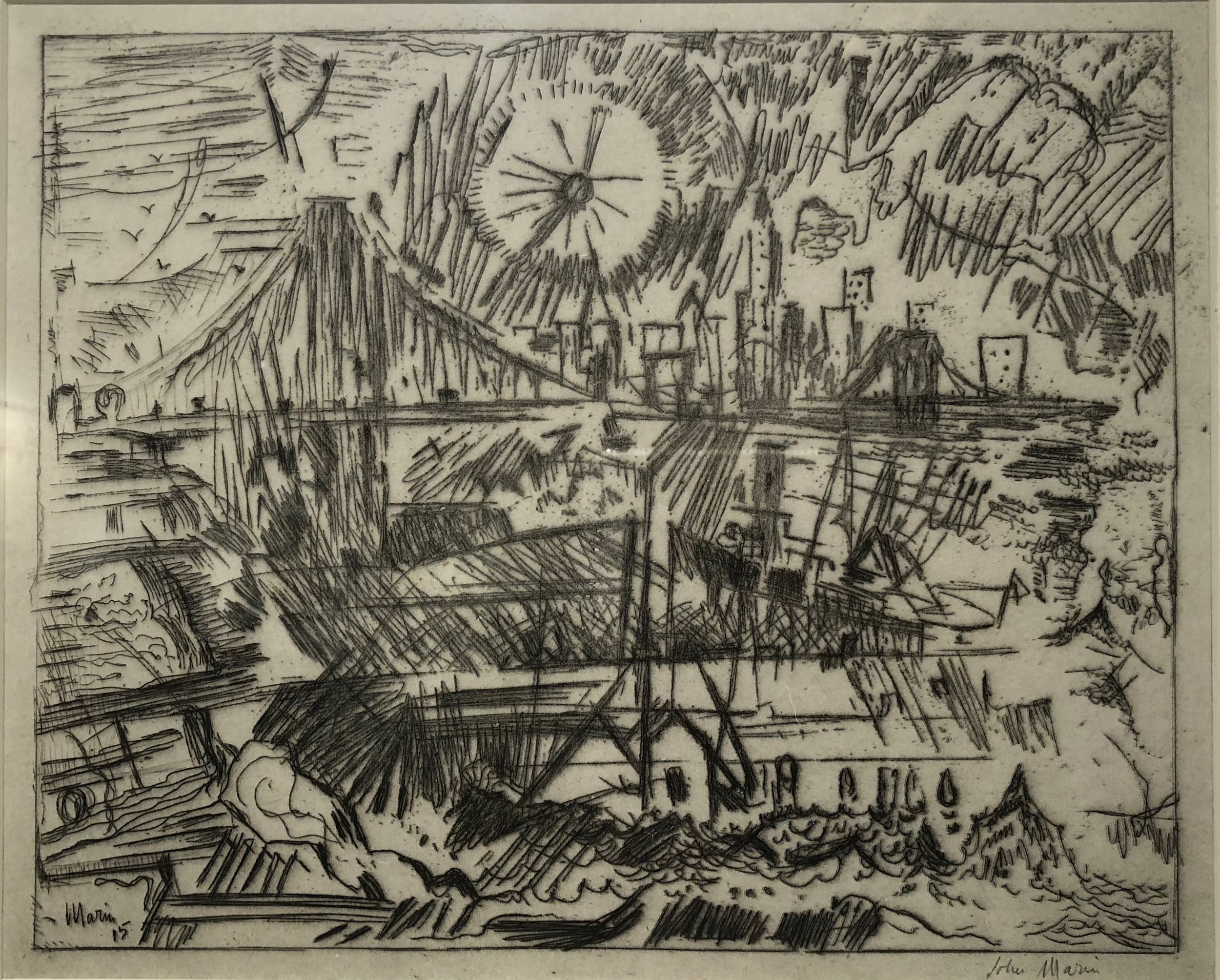Etching of New York City waterfront including the sun over the Brooklyn bridge with the Manhattan skyline behind