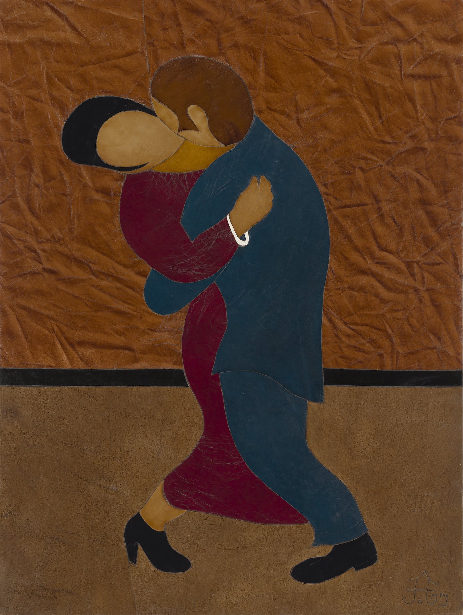 Two figures dancing closely in red, blue, and brown.