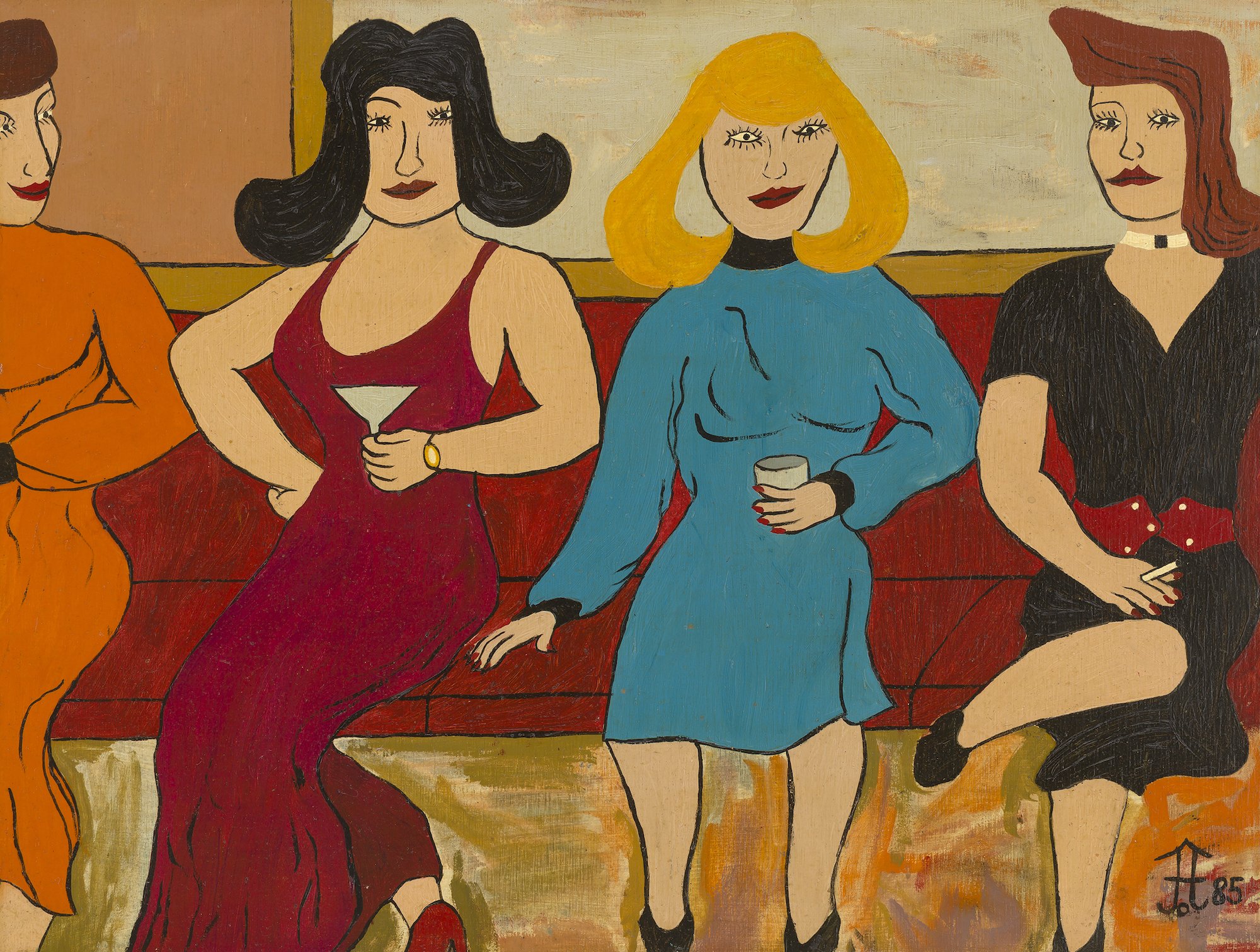 Four women sitting on a red bench in orange, red, blue, and black dresses