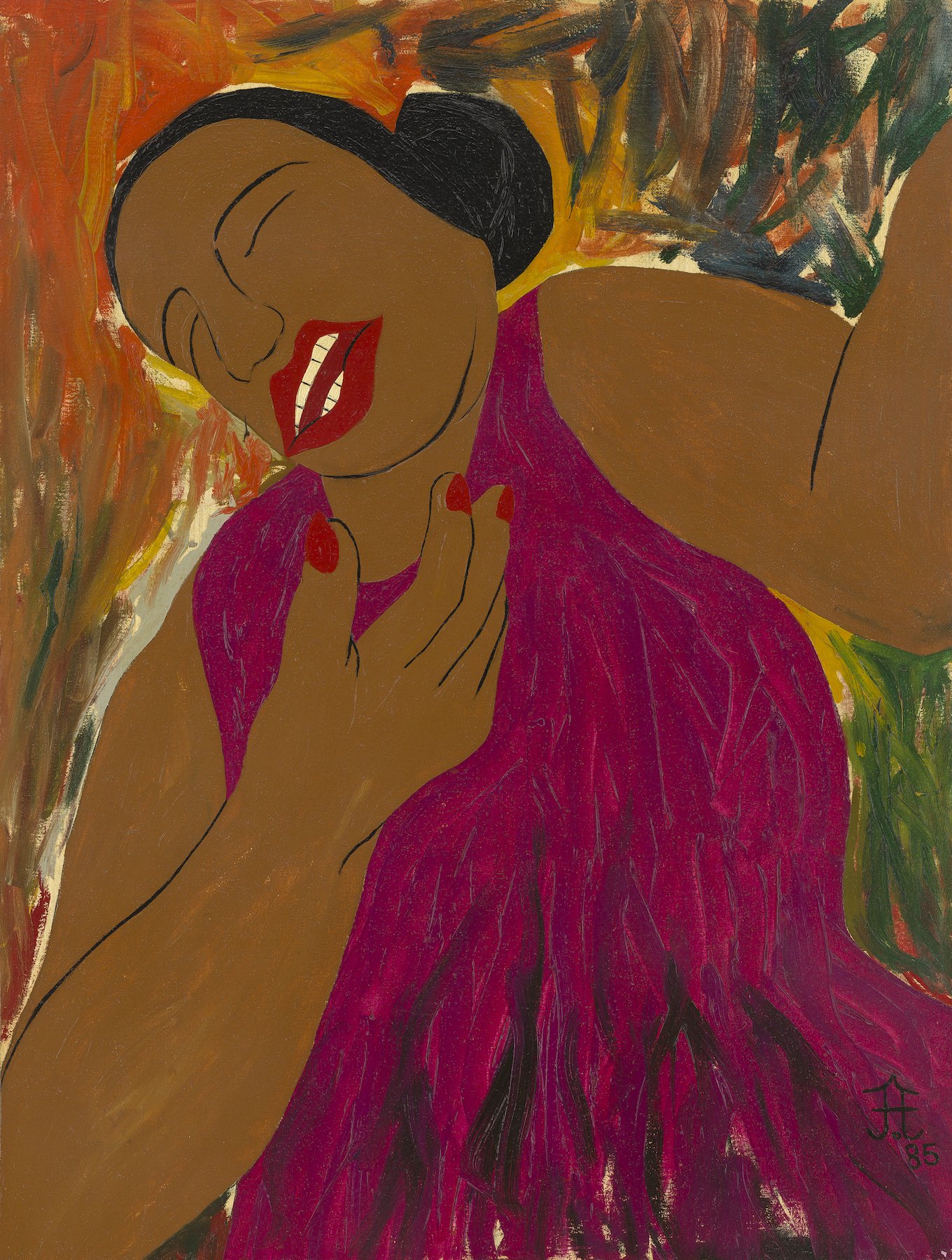 Waist up portrait of Bessie Smith singing in red lipstick and nails, and a magenta dress. 