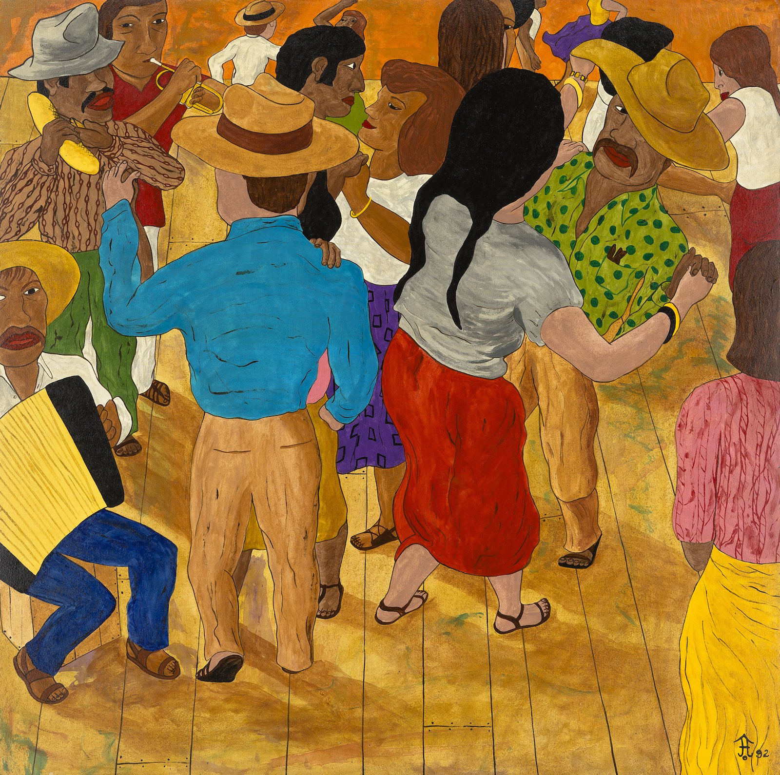 Scene of couples dancing at a country dance with musicians on the left in various color.