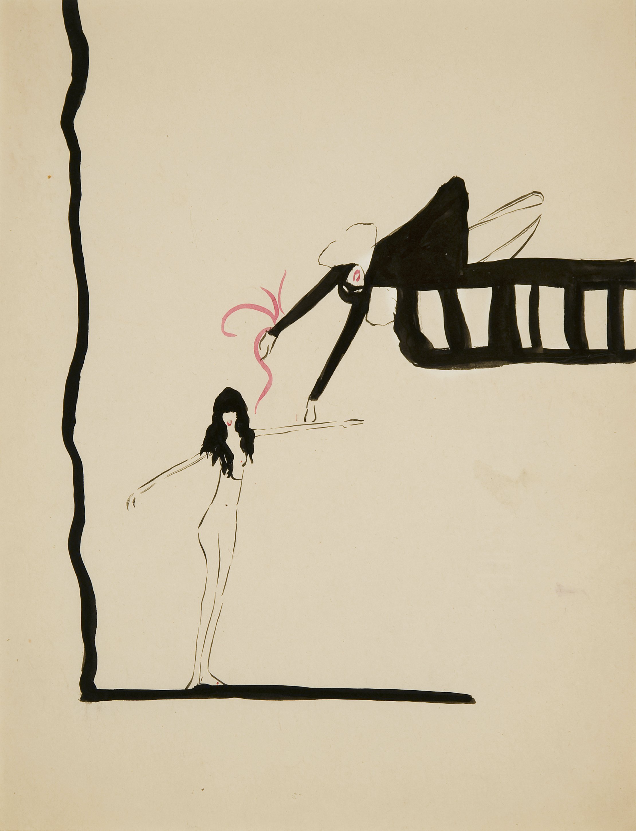 Clara Tice (1888-1973) &lt;alt: Ink drawing of harlequin holding a ribbon leaning over a balcony towards a nude woman &lt;/&gt; 