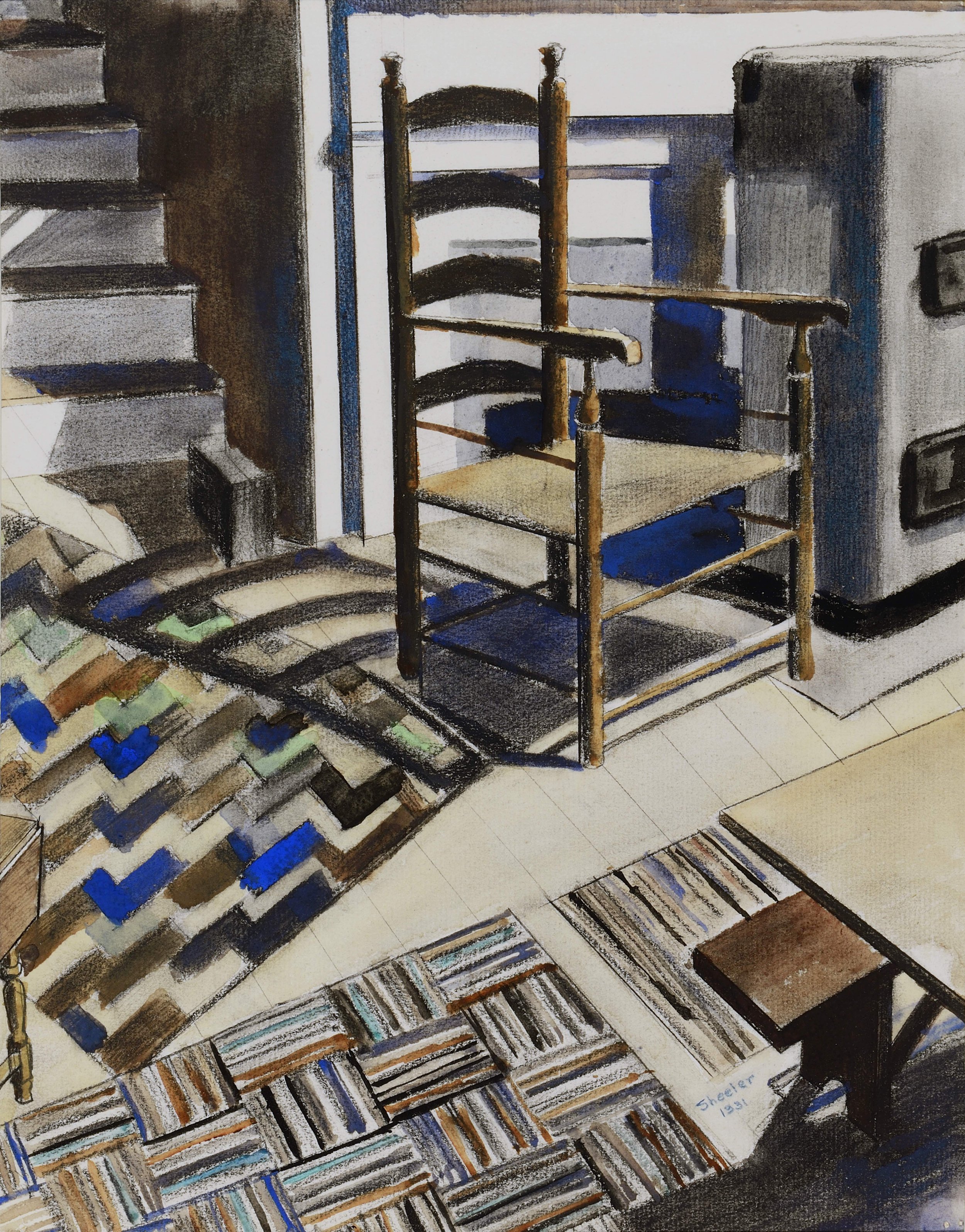 Halpert &amp; Sheeler (2) &lt;alt: Interior of a home with a Shaker chair and patterned rugs in blue, brown, grey, and green &lt;/&gt;
