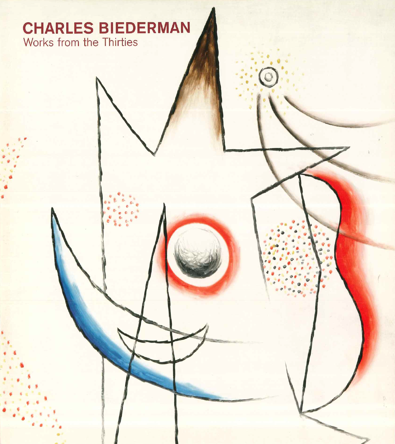 Charles Biederman: # Works from the Thirties # 2005 &lt;alt="Catalogue cover with title over a abstract painting in of lines and dots in red, brown, and blue."&gt; 