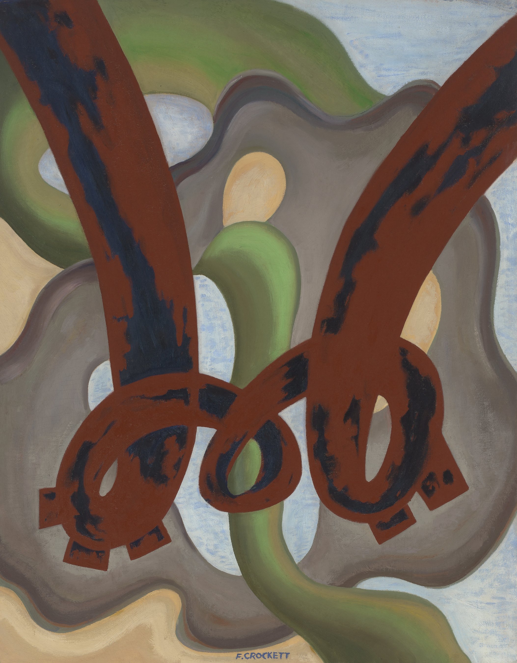 Biomorphic abstraction of abutted amorphous shapes in grey, red-brown, green, blue, and peach.