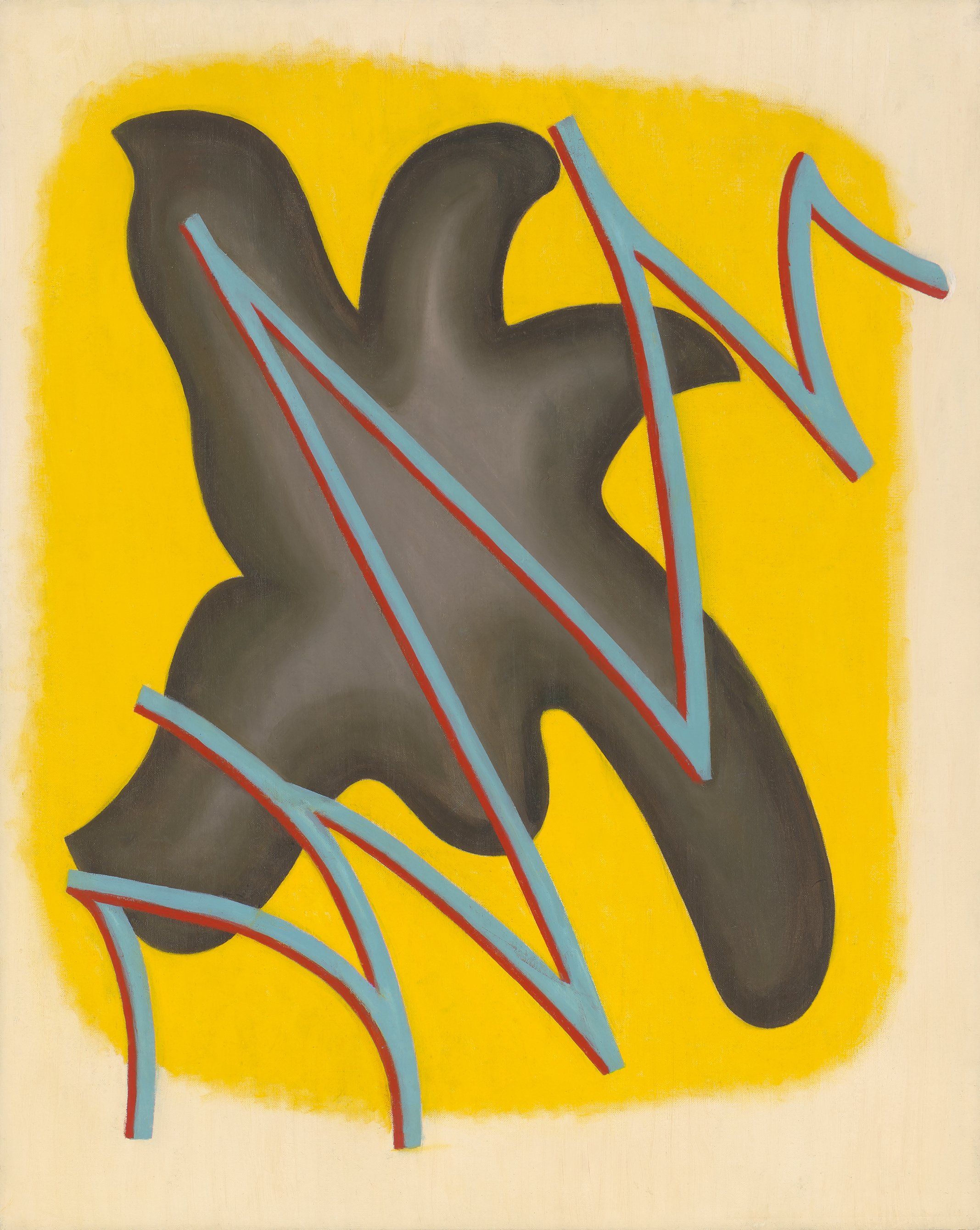 Abstract grey star-like shape on a irregular yellow plane with a blue and red zig-zag diagonally across.