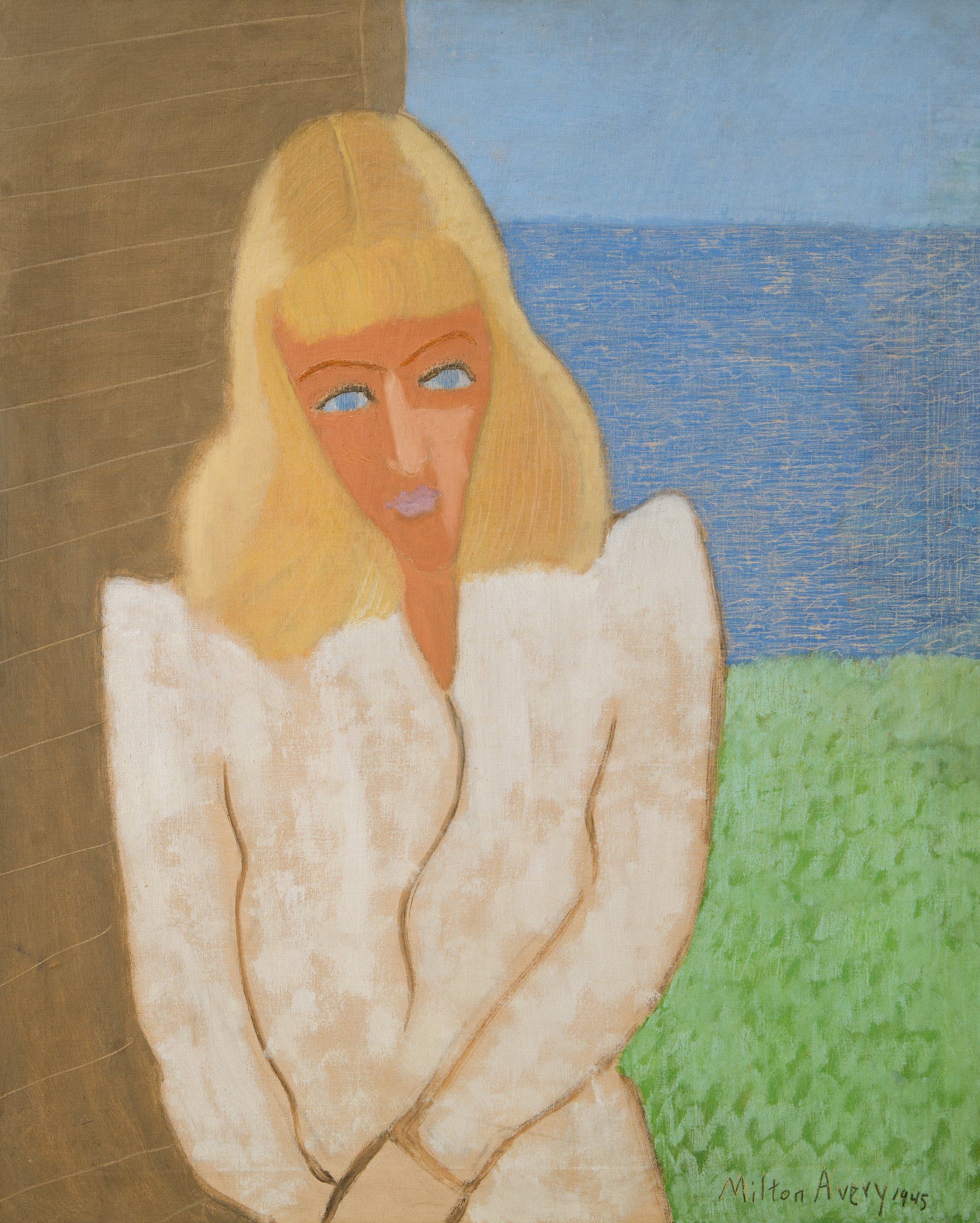 Portrait of young woman with yellow hair in a white outfit with a wall, grass, water, and blue sky behind her