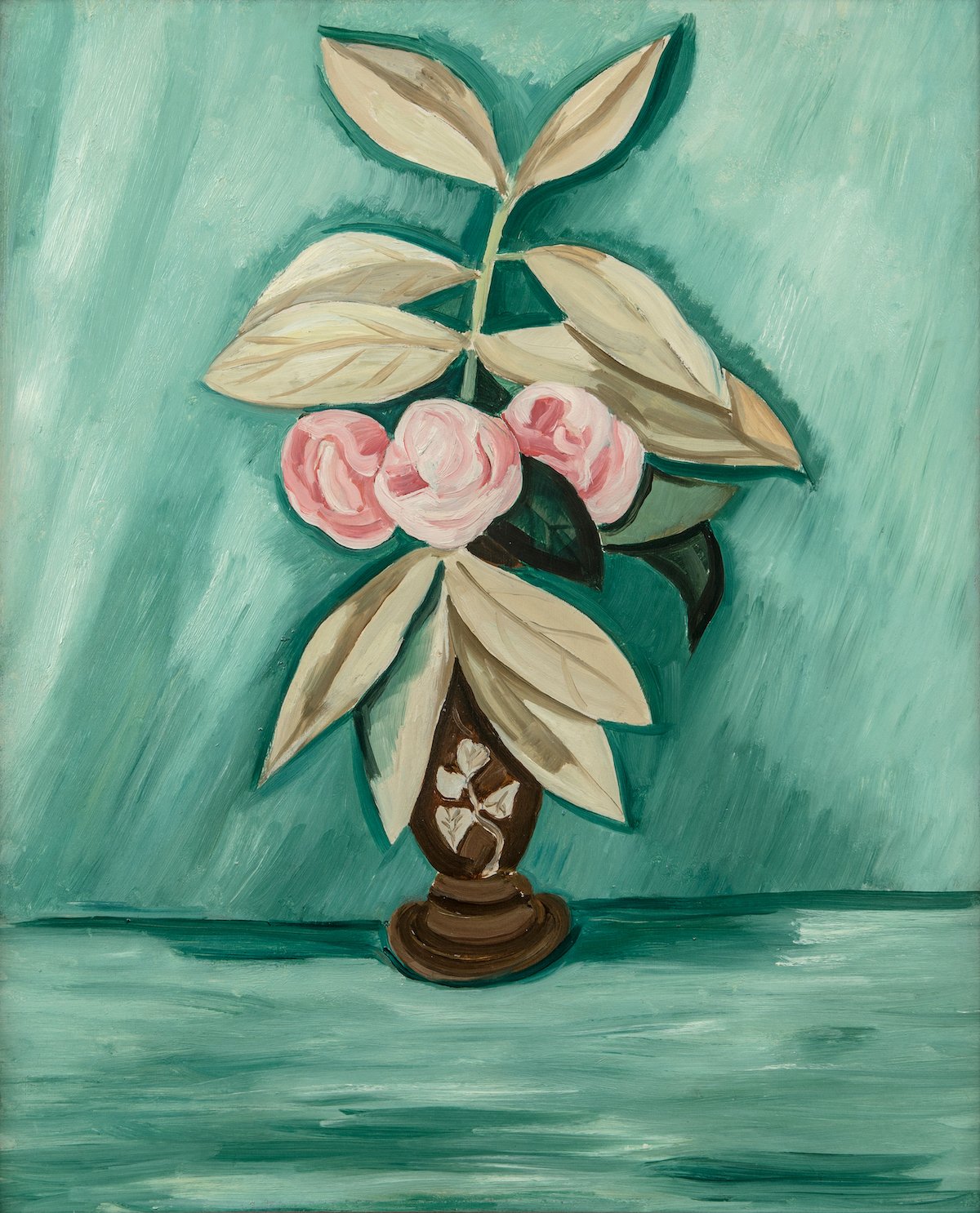Still life painting of a vase of pink roses on a green backdrop