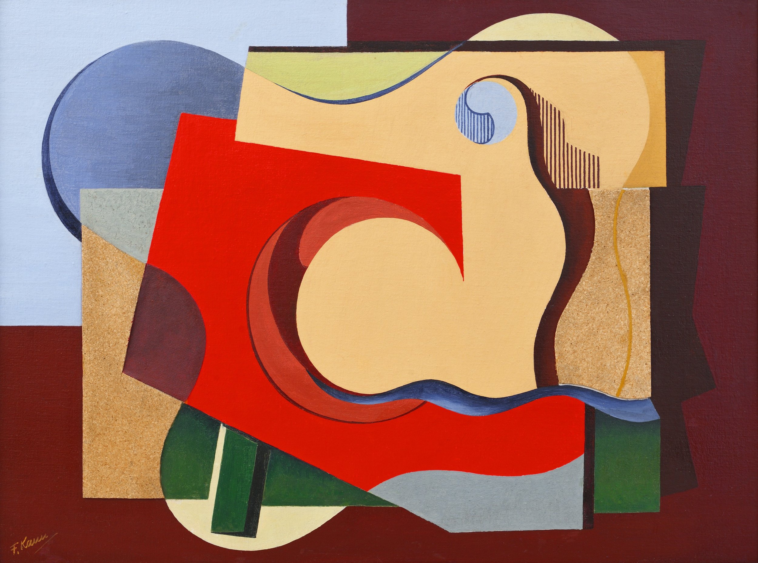 Geometric abstract painting of different colored flat planes and cork relief in primarily yellow, red, blue, and brown