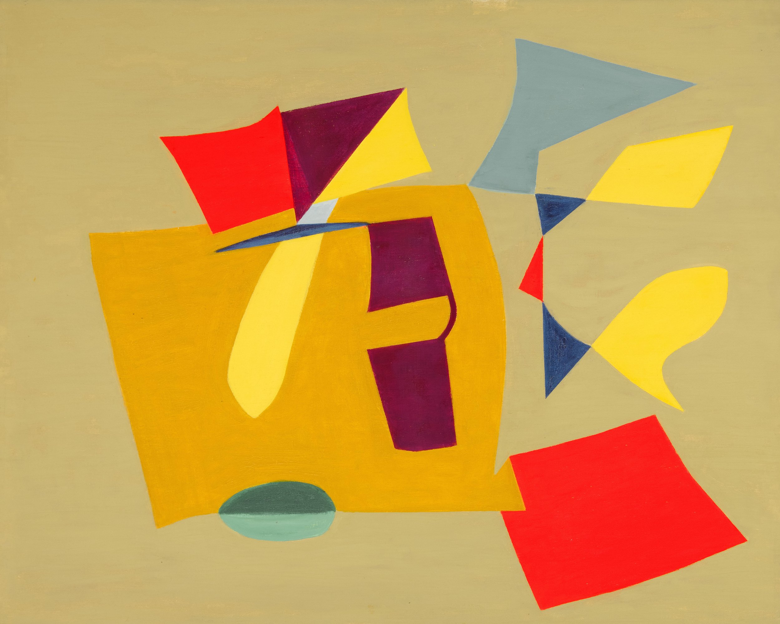 Geometric abstraction of flat planes in yellow, maroon, blue, red, and green on a mustard background.