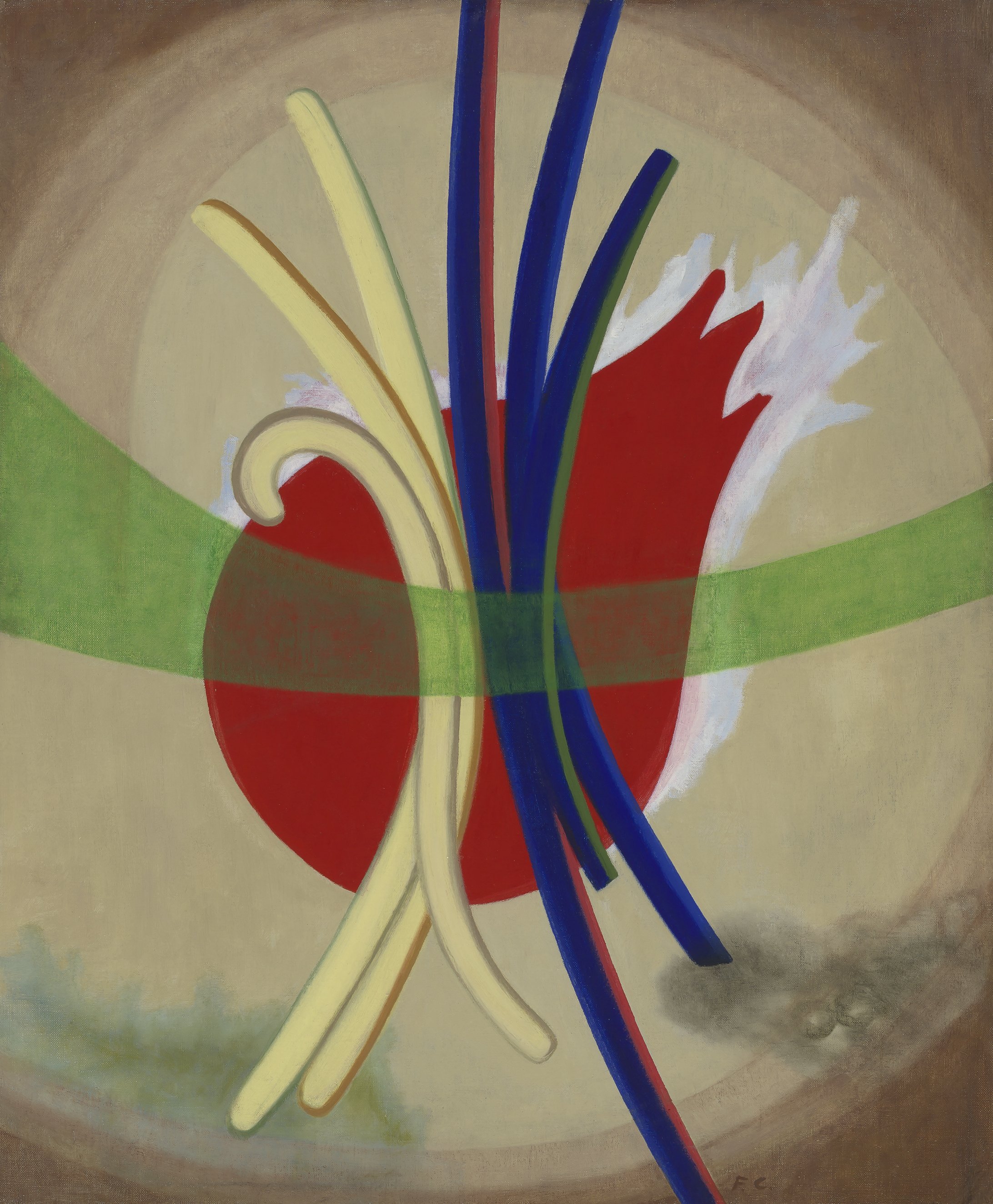 Biomorphic abstraction of clashing elongated yellow and blue shapes overlaying a flat red teardrop shape on a brown background with a horizontal green stripe across.
