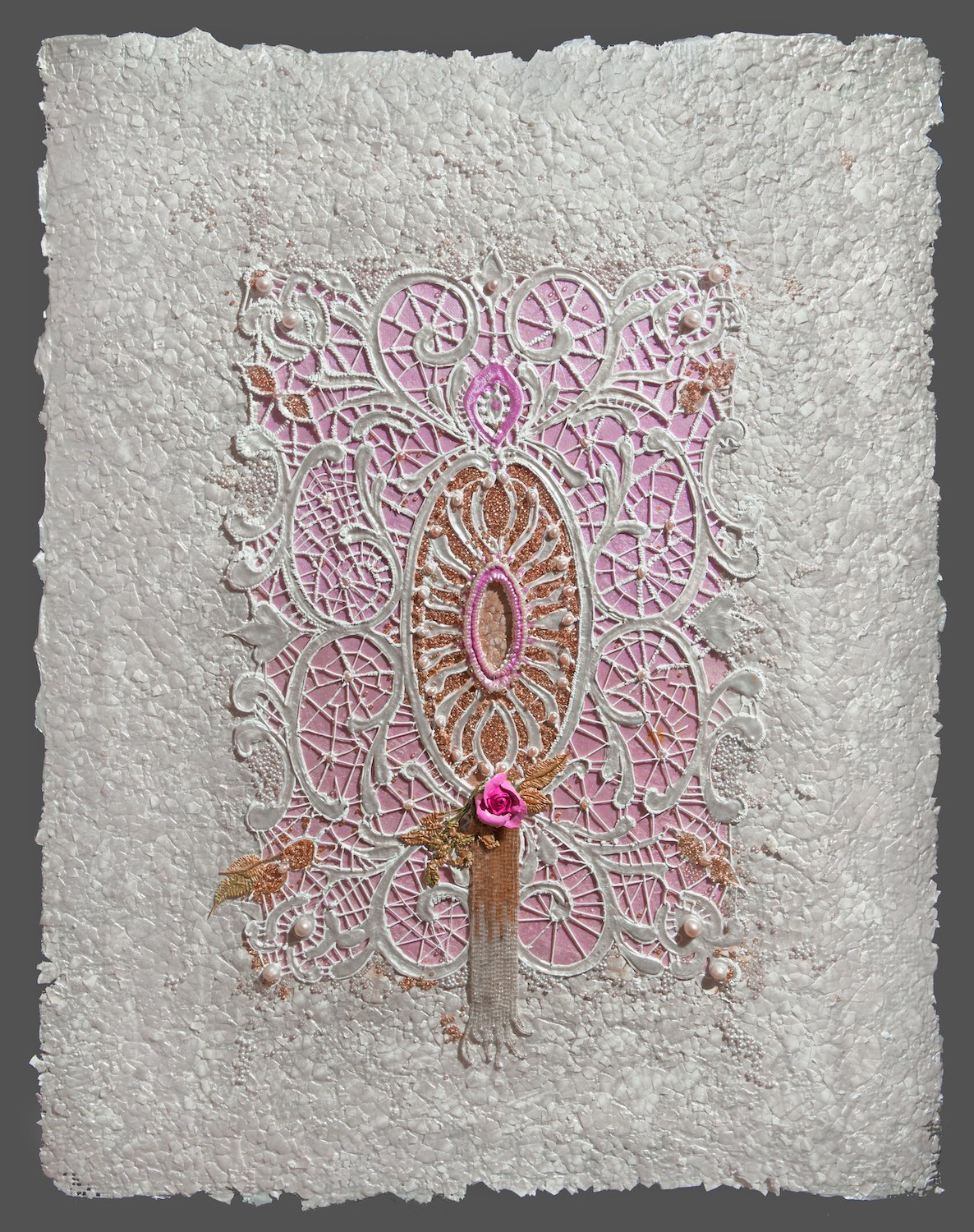 White panel painting with acrylic paint lace backed by pink with a pink rose and beading.