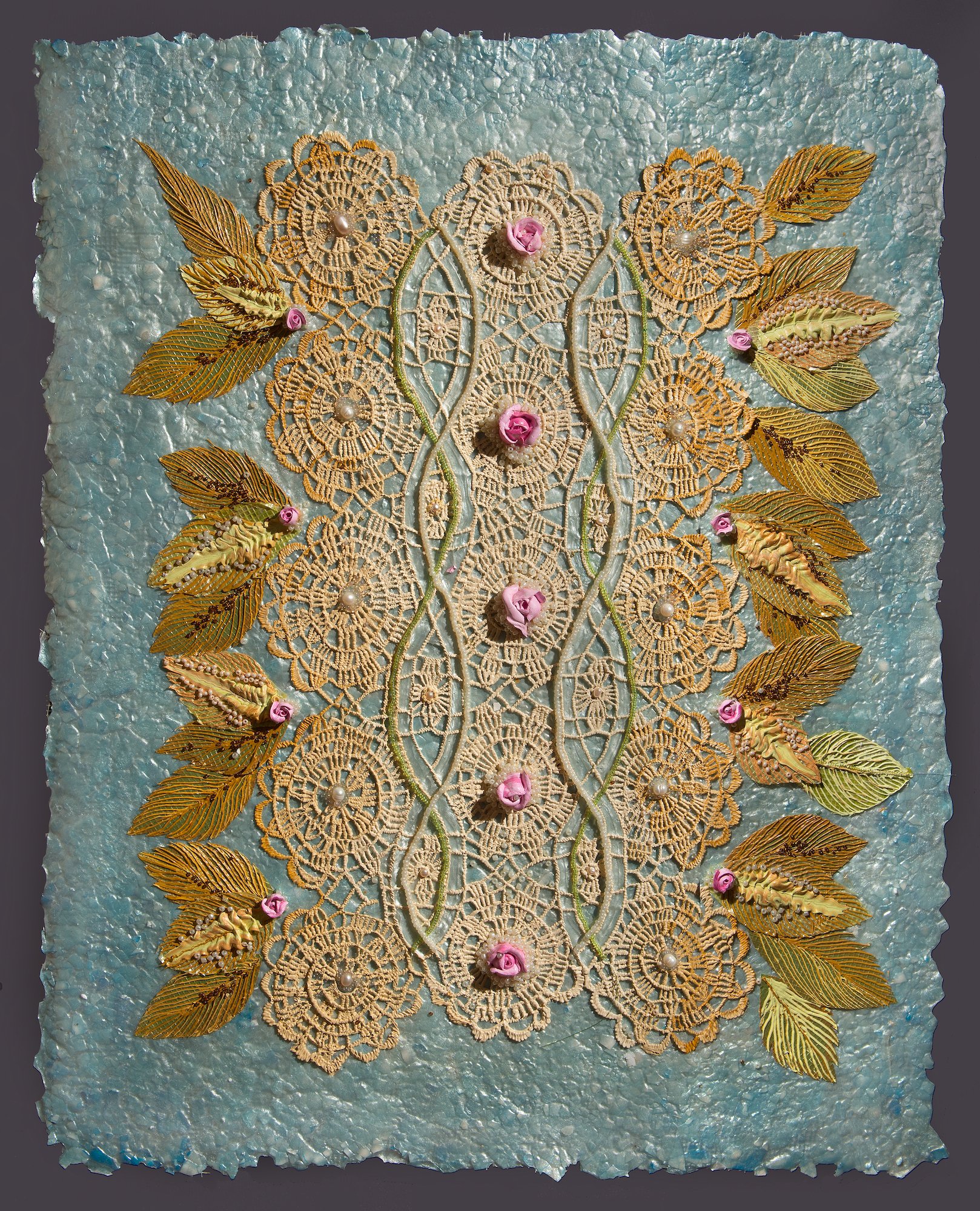 Blue panel painting with acrylic paint crochet, pink roses, green and gold leaves, and beading.