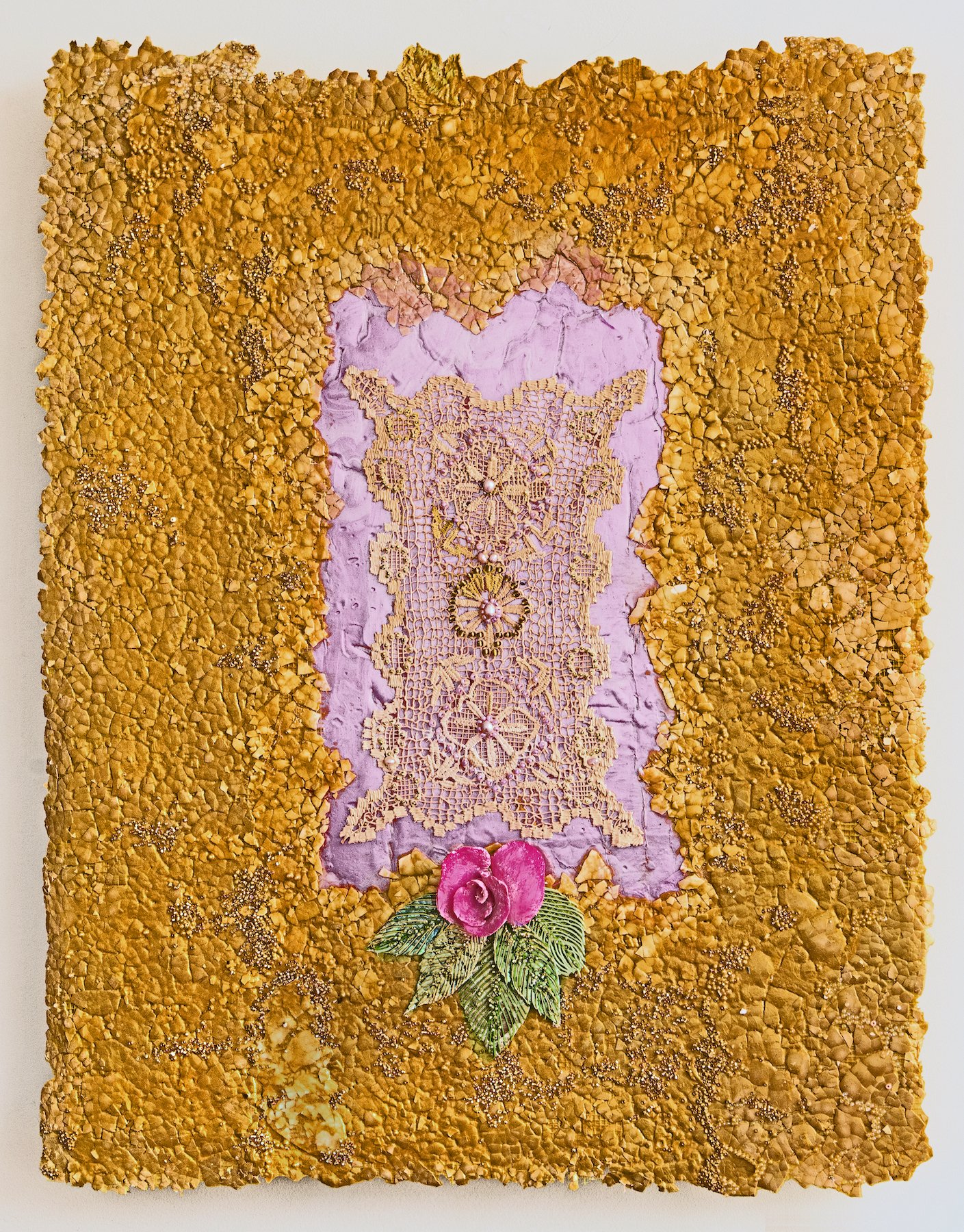 Gold panel painting with paint gold crochet backed by pink..
