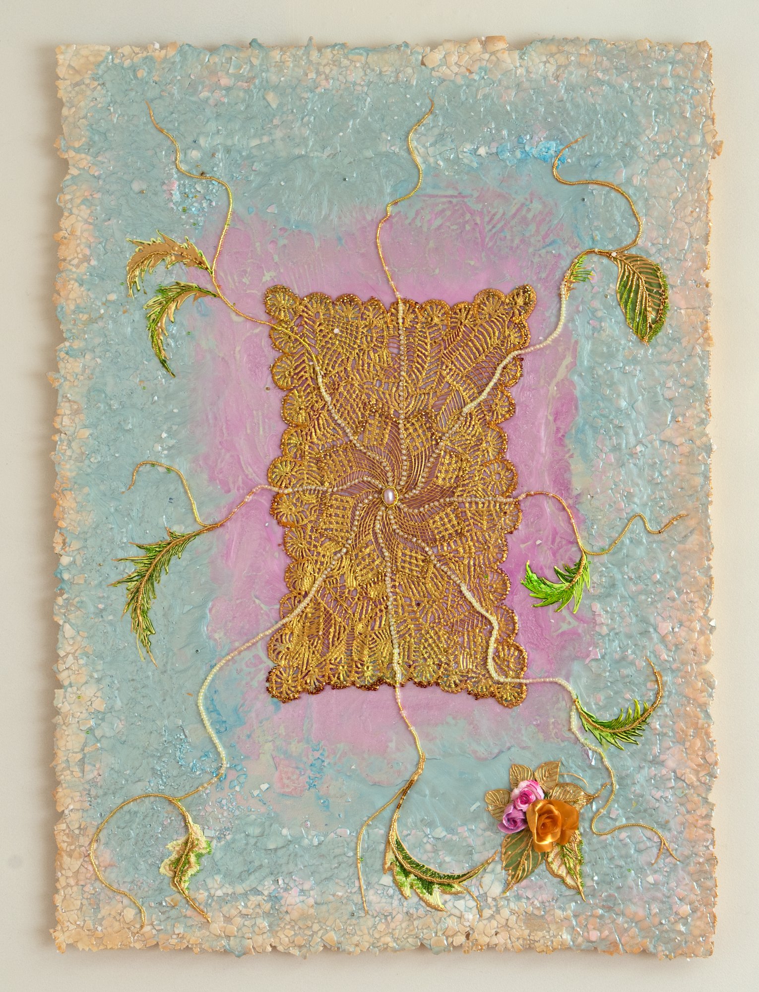 White, pink, and blue panel painting with paint gold lace.
