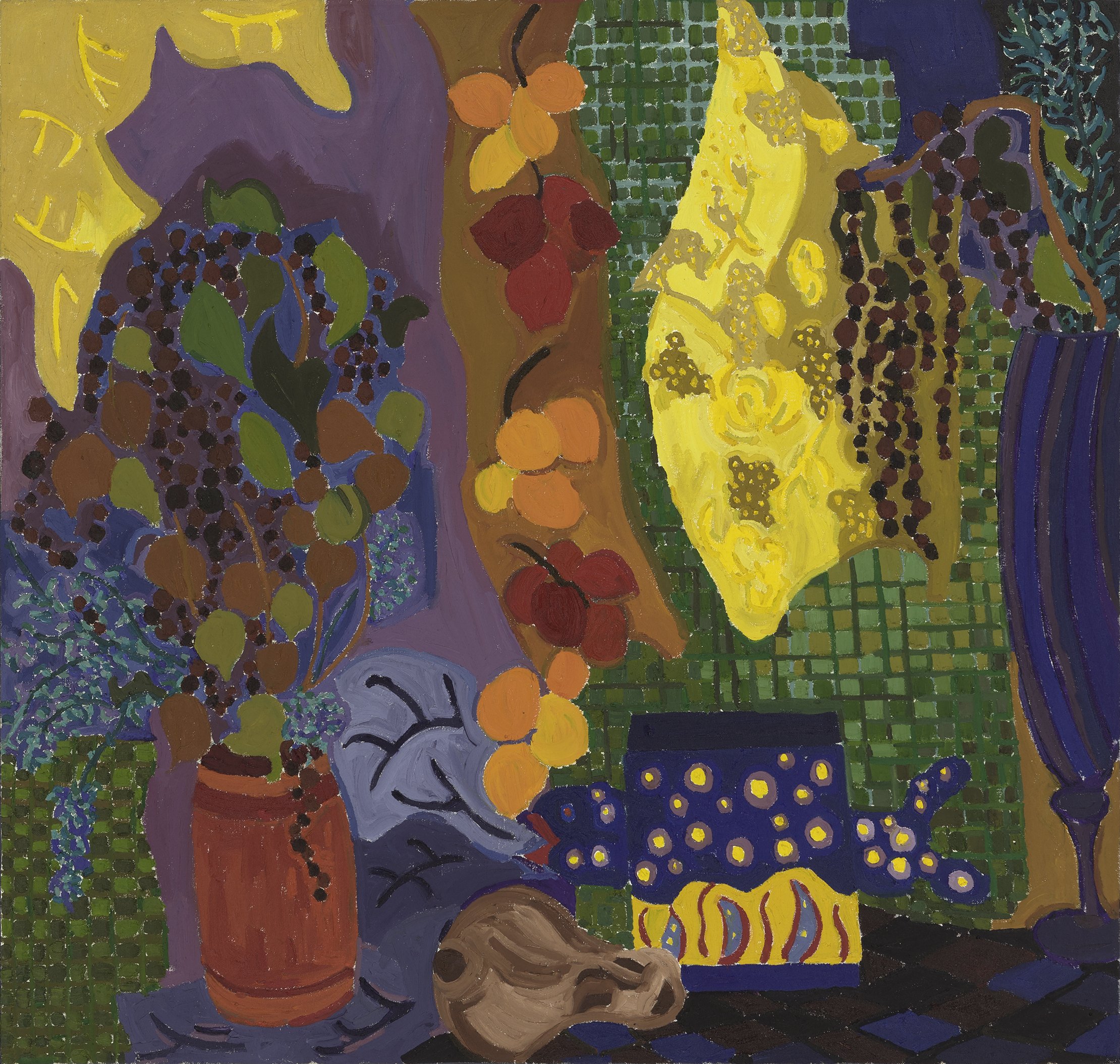 Abstract still-life with vases, flora, and a fish-shaped item in various colors.