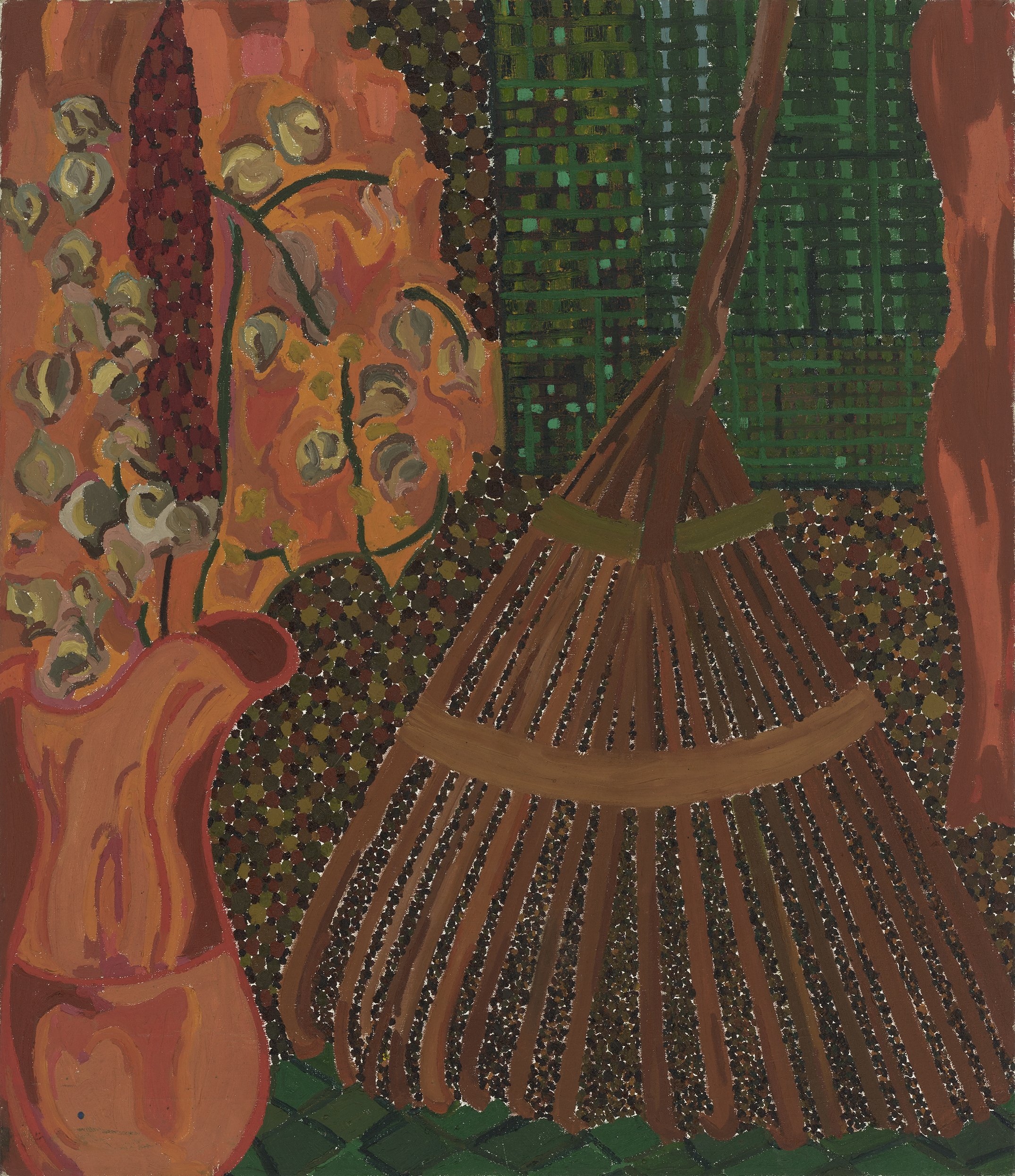 Abstract still-life of a brown rake and coral pitcher with flora on a patterned background of greens, oranges, and browns.