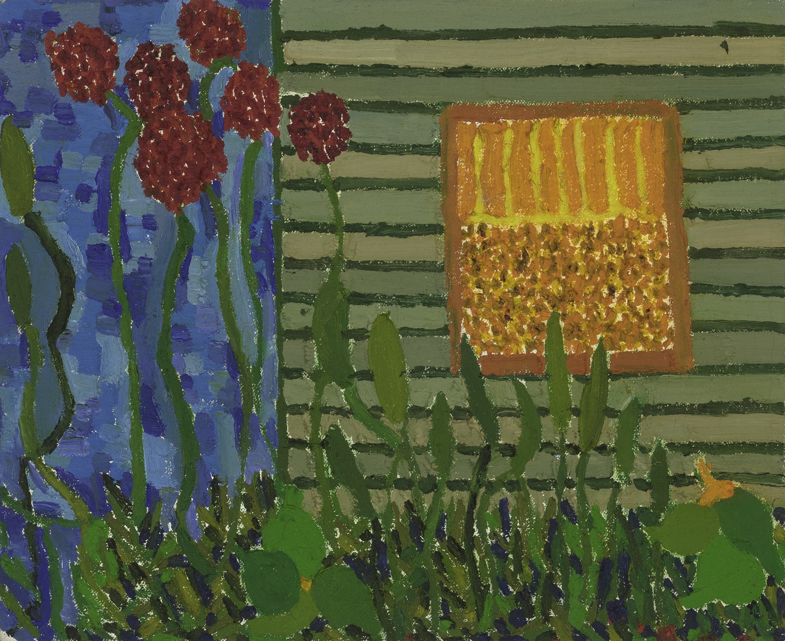Painting of the garden with red flowers at the side of a green house against a blue sky.