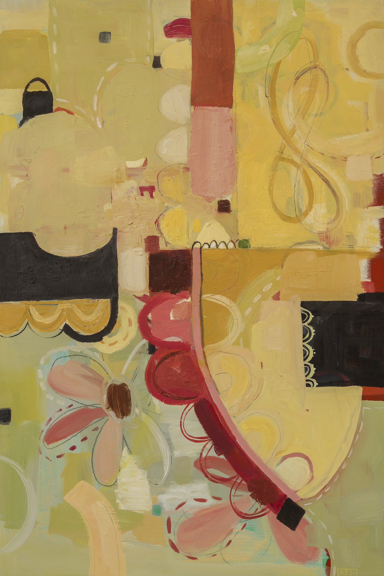 Abstract paintings with organic forms and planes of yellows, greens, and reds.