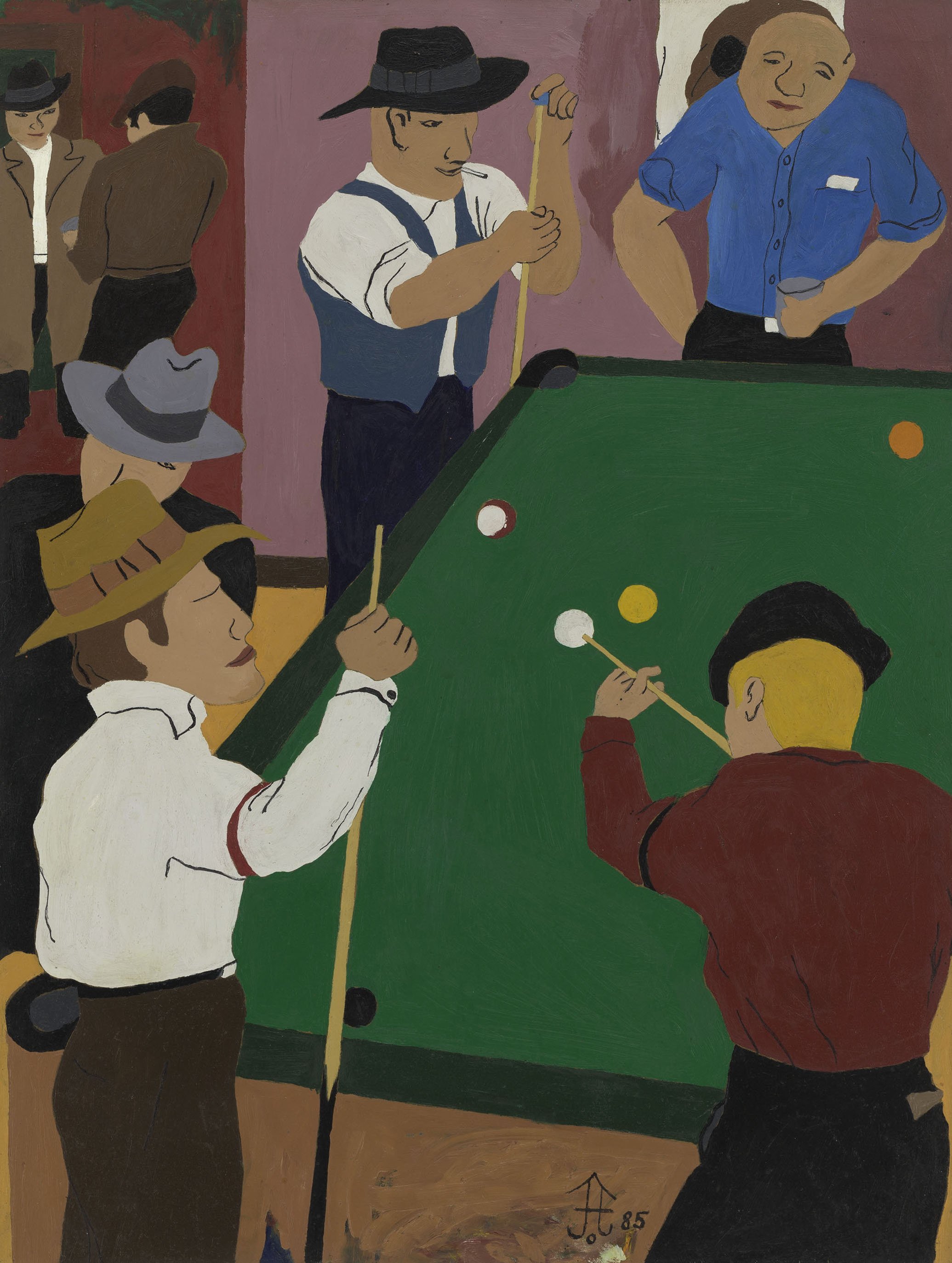 Indoor scene of men in brimmed hats and collared shirts gathered around a green pool table playing pool.