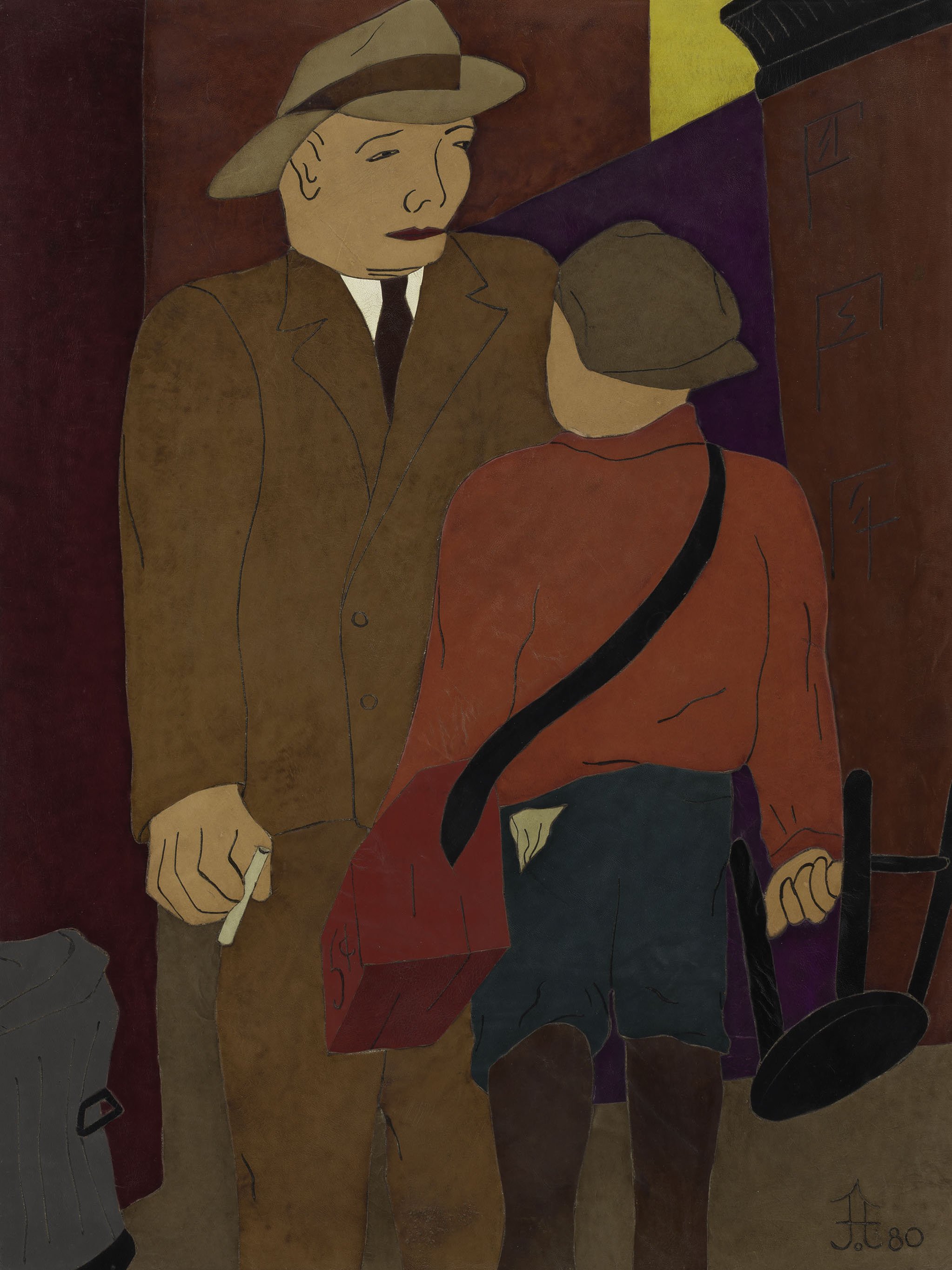 Street scene of a shoe shine boy standing before a businessman in browns, reds, and blue.