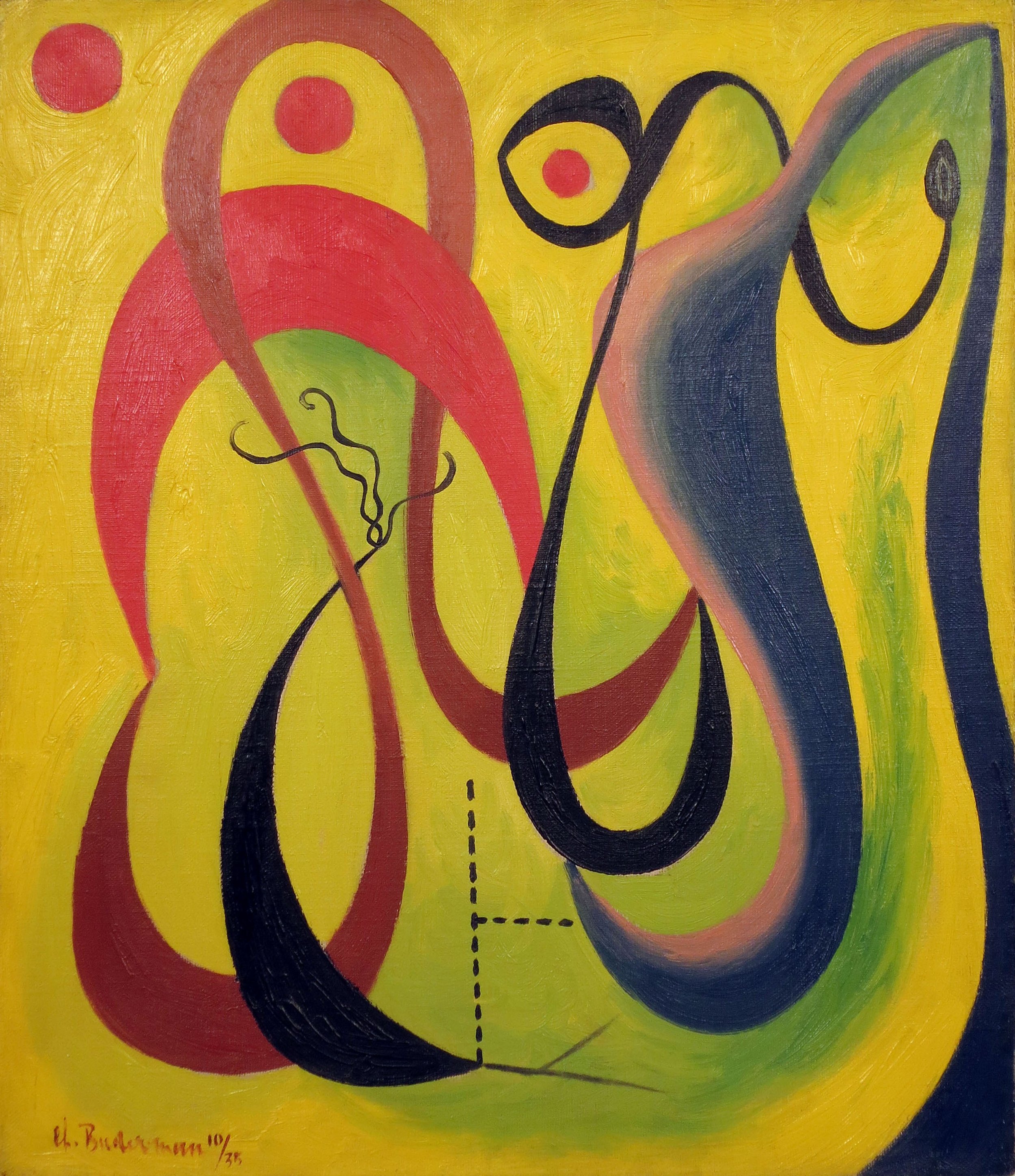 Abstract painting of black, red, and blue serpentine forms with dots and dashes on a yellow and green background.